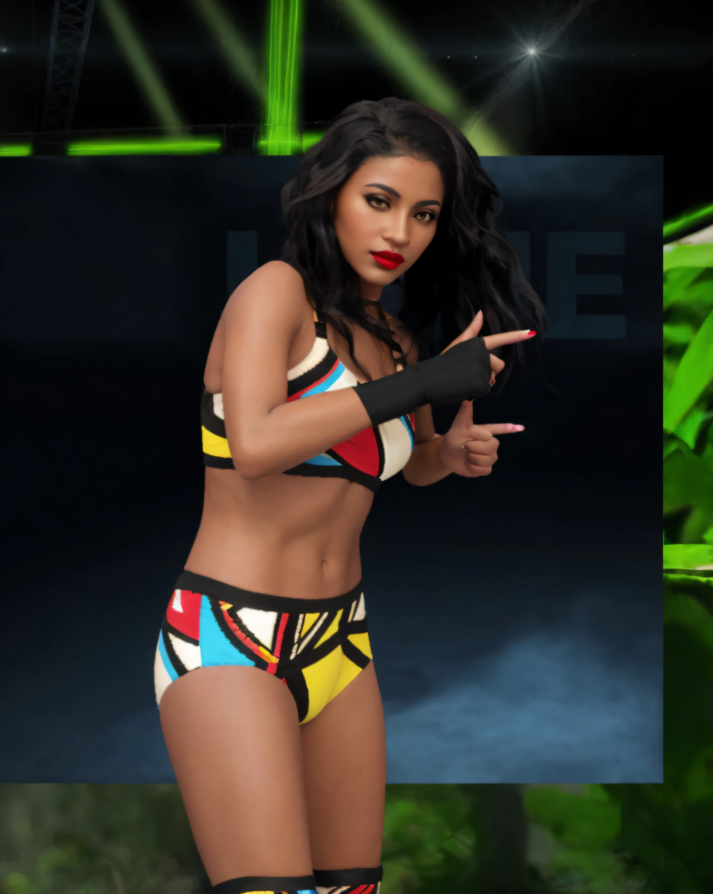 Dark-haired Afro-Latina, in red yellow beige blue and black bra, red yellow beige blue and black trunks, red yellow beige blue and black knee-pads, black hand-wraps, red fingernails, lipstick, doing finger guns pose, photo realistic, intricate details