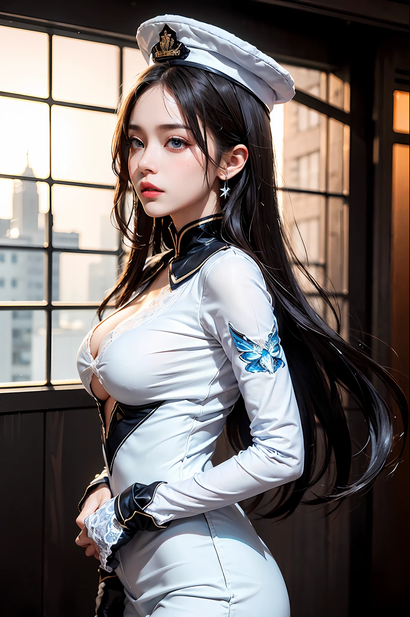 1girls, Female general, Delicate and beautiful face, get blush, Blue pupil,blue long hair,flowy,Angry, Parting lips, Busty chest,Convex buttocks,White general uniform, White military cap,White lace-up boots,perfectly proportioned, Detailed clothing details, glacier,snowfield,Cinematic lighting, filmgrain, Fujicolor, Contrast of light and shade, 8K, Masterpiece, Textured skin, Super detail, hight detail, High quality, high - resolution,