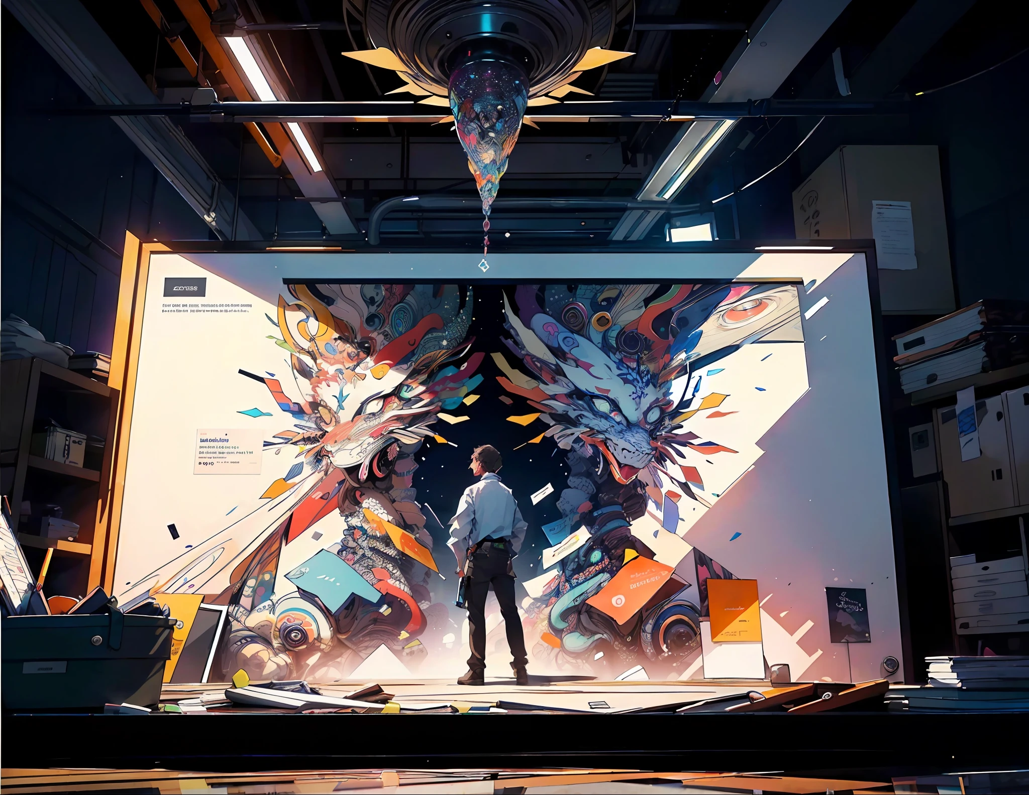 Realistic, (Masterpiece, Top Quality, Best Quality, Official Art, Beauty and Aesthetics: 1.2), Very Detailed, Fractal Art, Colorful, Most Detailed, Zentangle, (Abstract Background: 1.5) (group of workers creating a web design systen on a large blackboard inside a room in their office)
