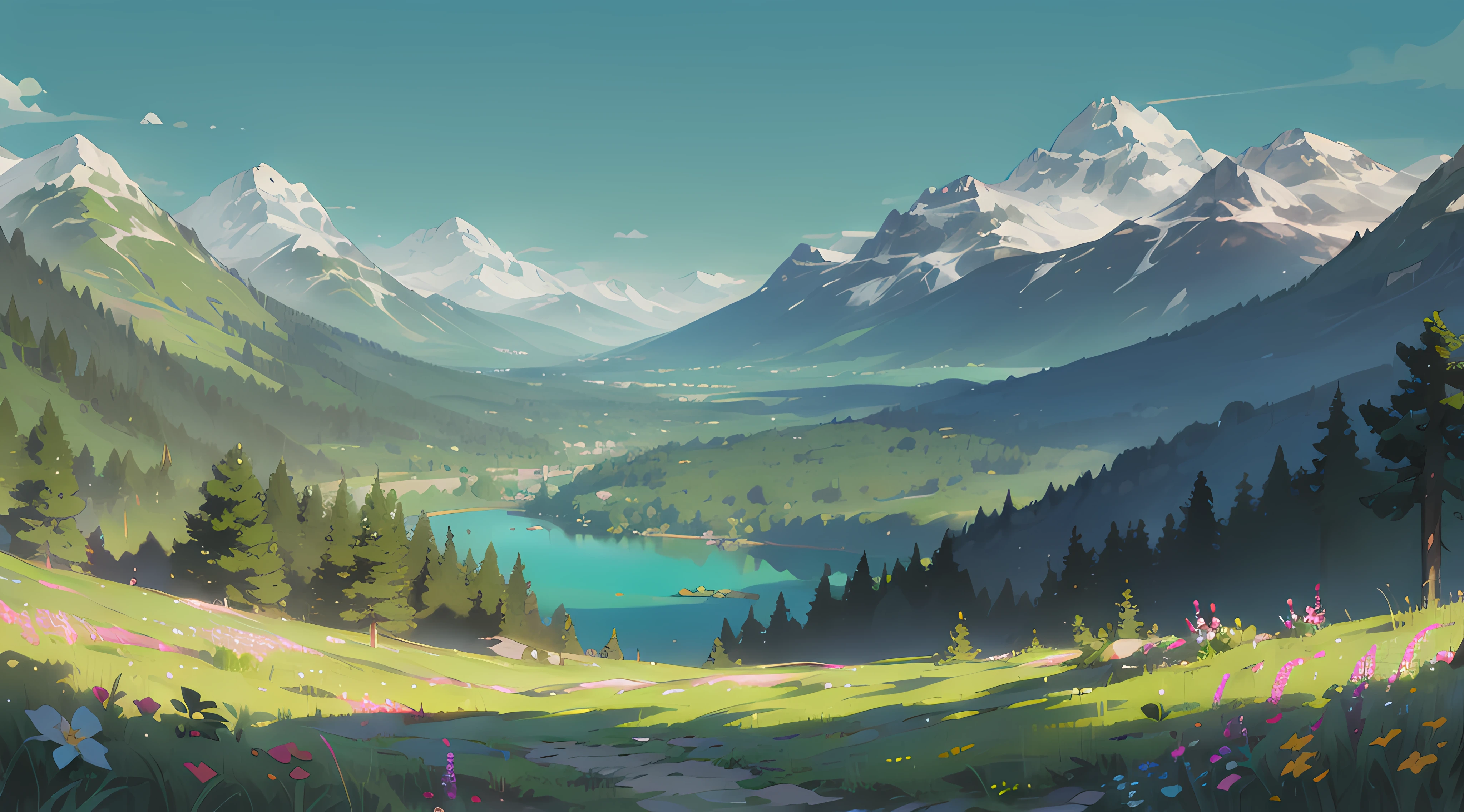 Towering mountains,Turquoise Lake,(forests),blooms,The tree,grassy,spring time,Plenty of sunshine,Sunlight strong,Contrast of light and shade,cliffs,Picture,8K,high qulity