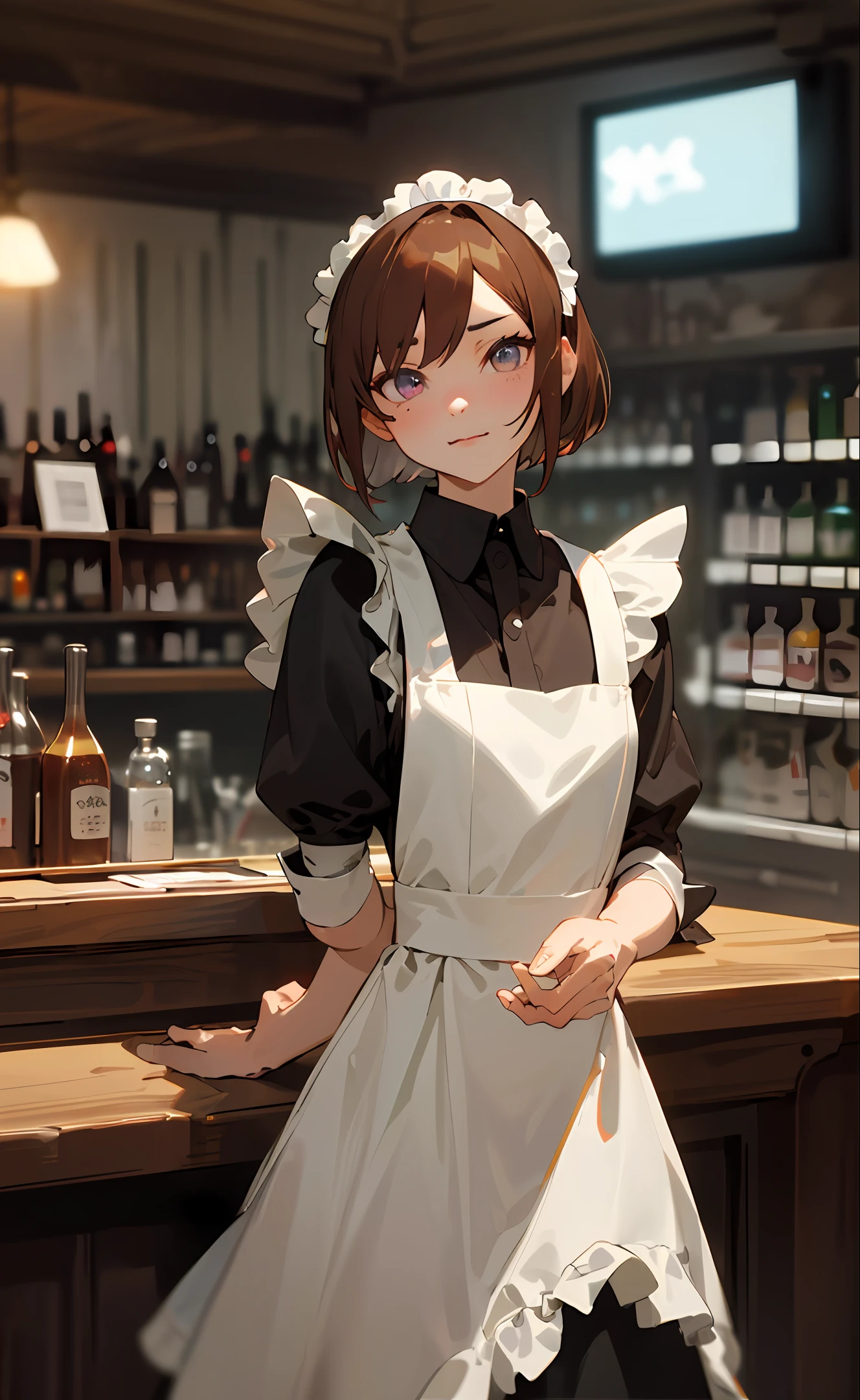 ((Top Quality, 16k, Masterpiece: 1.3)), , Sharp Focus: 1.2, Beautiful woman with perfect figure: 1.4, Slender Abs: 1.2, (((Bob Brown Hair)), ((Small: 1.4)), ((Idol: 1.3)), ((Akihabara Maid Outfit 1.5)), (Bar Counter), Highly Detailed Face and Skin Texture, Detailed Eyes, Double Eyelids, (((Pause)), (Seductive)), standing, cinematic photo, dark interior