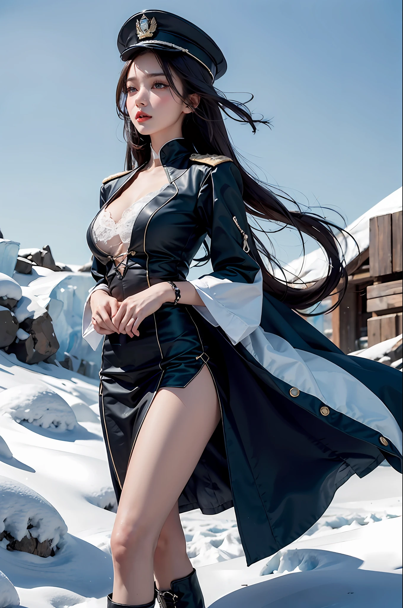 1girls, Female general, Delicate and beautiful face, get blush, Blue pupil,blue long hair,flowy,Angry, Parting lips, Busty chest,Convex buttocks,White general uniform, White military cap,White lace-up boots,perfectly proportioned, Detailed clothing details, glacier,snowfield,Cinematic lighting, filmgrain, Fujicolor, Contrast of light and shade, 8K, Masterpiece, Textured skin, Super detail, hight detail, High quality, high - resolution,