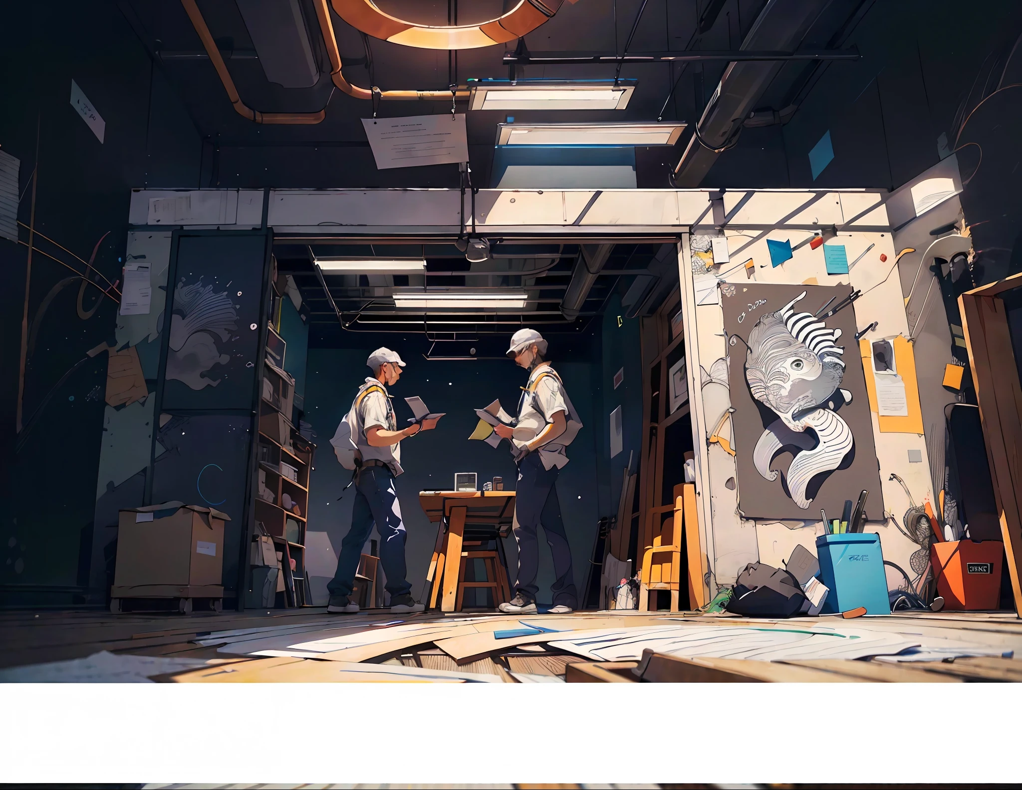 Realistic, (Masterpiece, Top Quality, Best Quality, Official Art, Beauty and Aesthetics: 1.2), Very Detailed, Fractal Art, Colorful, Most Detailed, Zentangle, (Abstract Background: 1.5) (group of workers creating a web design systen on a large blackboard inside a room in their office)