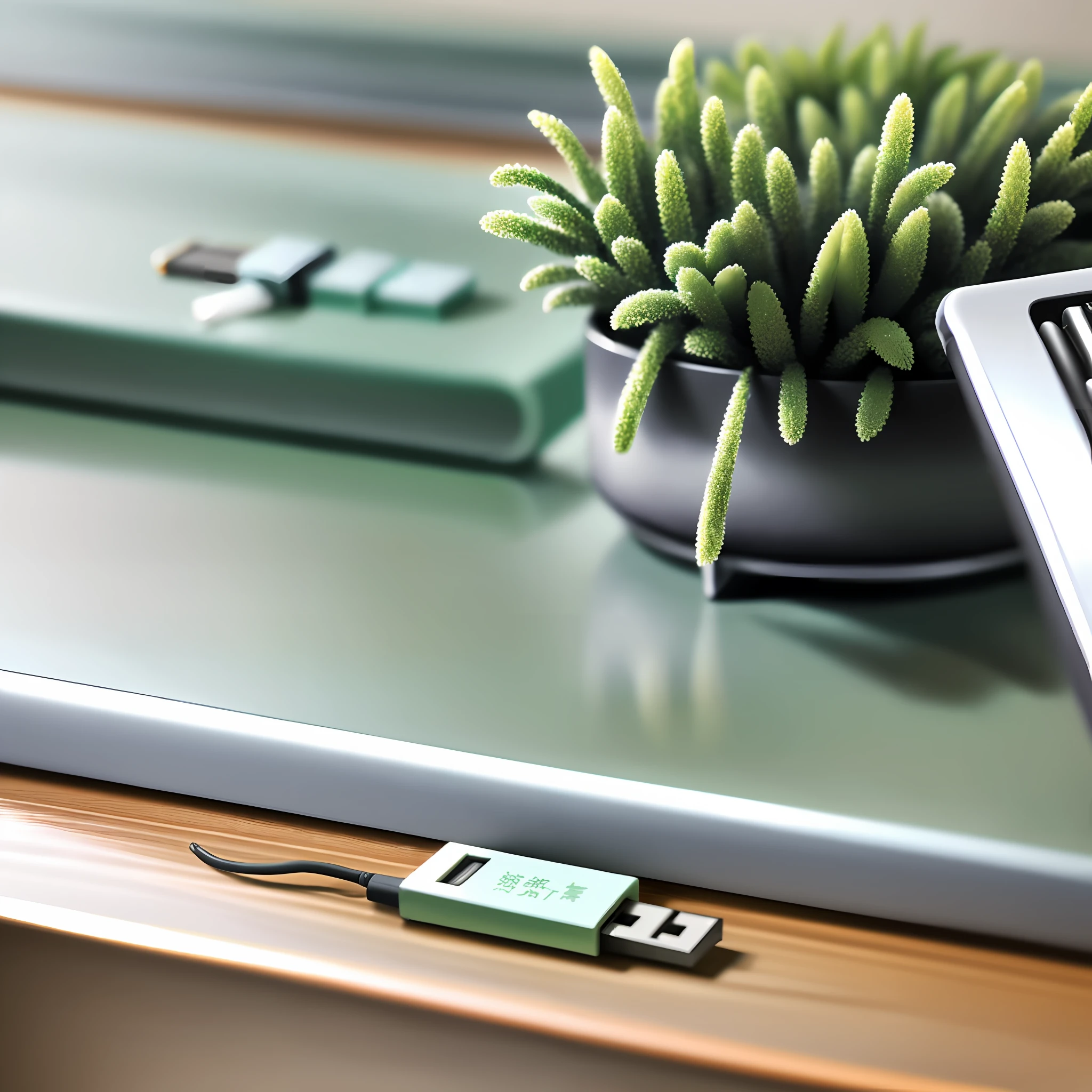 There is a metal USB stick on the table,Give it a close-up,The table top is slightly decorated with greenery。Bright style