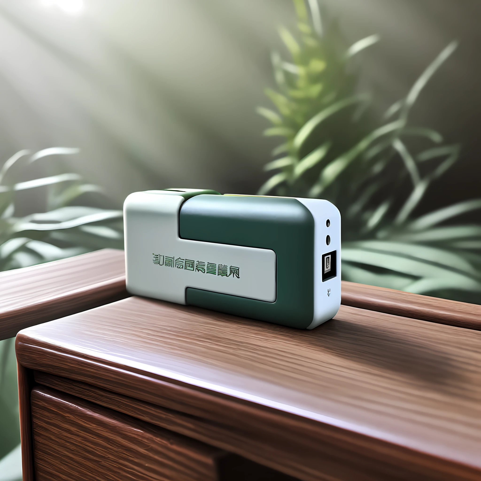 There is a metal USB stick on the table，Give it a close-up，The table top is slightly decorated with greenery。Bright style
