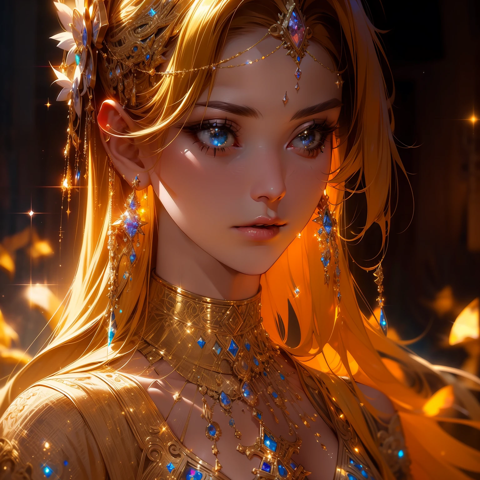 (masterpiece, best quality:1.2), 8k, insane details, intricate details, hyperdetailed, hyper quality, high detail, ultra detailed, professional, HDR, realistic, ray tracing reflection,
1girl, goddess, cinematic lighting, ornate, (glitter, sparkly golden:1.2), ornament, (diamond:1.1),