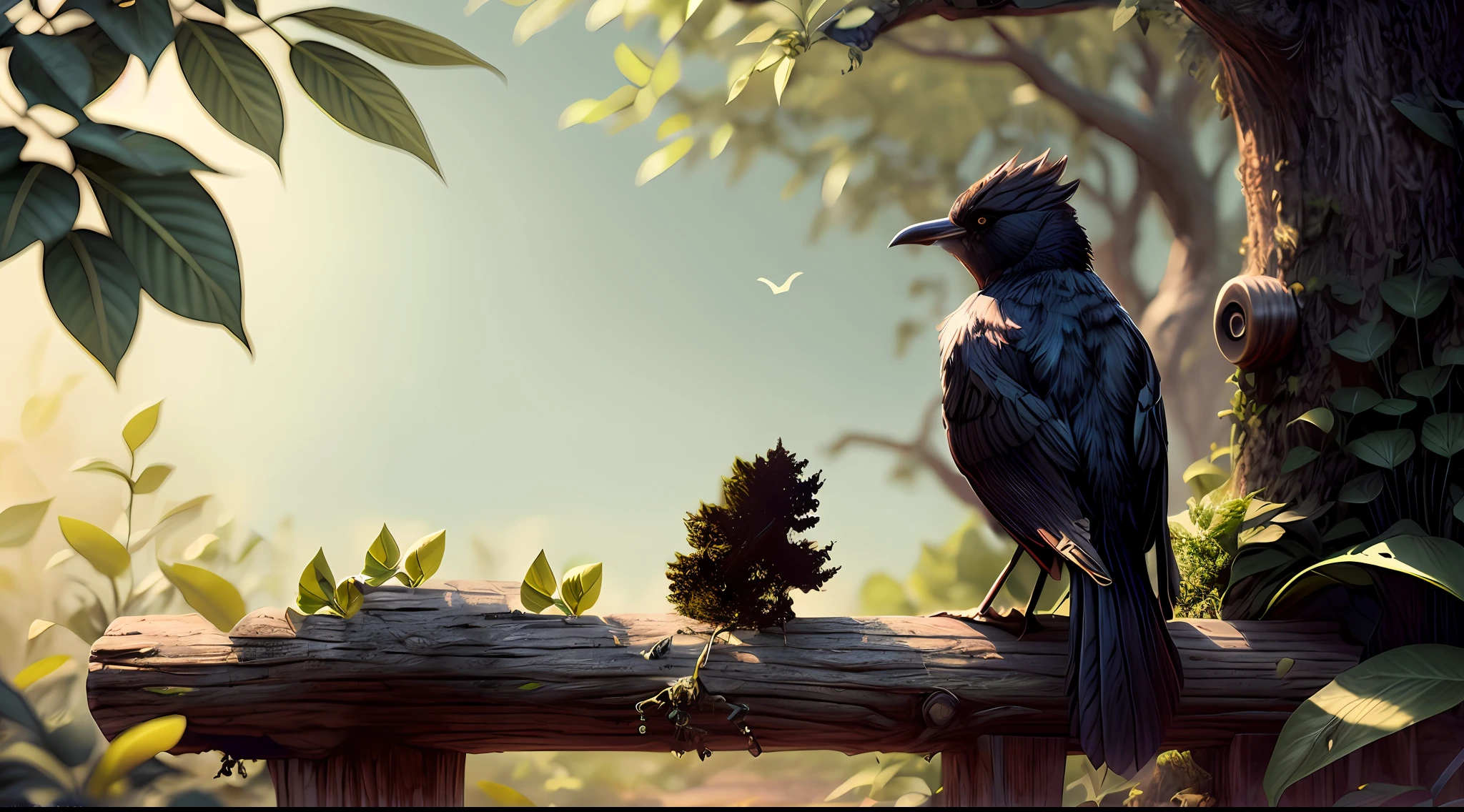 there is a black bird that is sitting on a wooden bench, Arte digital altamente detalhada em 4k, 8k arte detalhada de alta qualidade, ultra realistic 3d illustration, Aves f CGSetalation, realistic illustration, Arte 4K altamente detalhada, Arte altamente detalhada em 4K, natural realistic render, bela arte digital, pintura detalhada 4K, Arte digital realista 4K