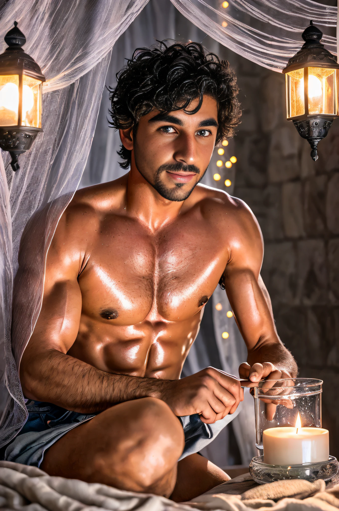 (Portrait of male), muscles, (dimples), (thin head), steamy, (ripped holy jeans), sexy, alluring, ((((upturned big doe eyes)))), smiling, opalescent, Photoluminescence, fantasy, clear, Cinematic RAW photo, hyper real photo, ultrarealistic, dslr, soft lighting, high quality, reflections, photo, (sparkling) splashing rainbows, glistening, (iridescent), glimmering, sweaty body, dripping, (secret treasure in it), misty, mystical, enchanting, glittering, (masterpiece) (best quality) (detailed) (8k) (HDR) (cinematic lighting) (sharp focus) (intricate), many lights on rocks, ((dark pubic hair)), bioluminescent, epic and stunning, magical environment, (celestial), candles, romantic, ((manly veins)), Ouarzazate, chefchaouen, 1 man only, (((clear straight even bright eyes))), (((short hair))), riad fountain, sweating, melting, shimmering, (masterpiece) (best quality) (detailed) (8k) (HDR) (wallpaper) (cinematic lighting) (sharp focus) (intricate), ((riad pool)), Ouzoud waterfalls, glowing flowers, Fujifilm XT3, photographed on a Kodak Retina II Sanyo Xacti VPC-CA6, 50mm lens, HDR, hyper-realistic, colorgraded, rose, (pillows), (blankets), Morocco Riad, Moroccan lamps, ((shower))
