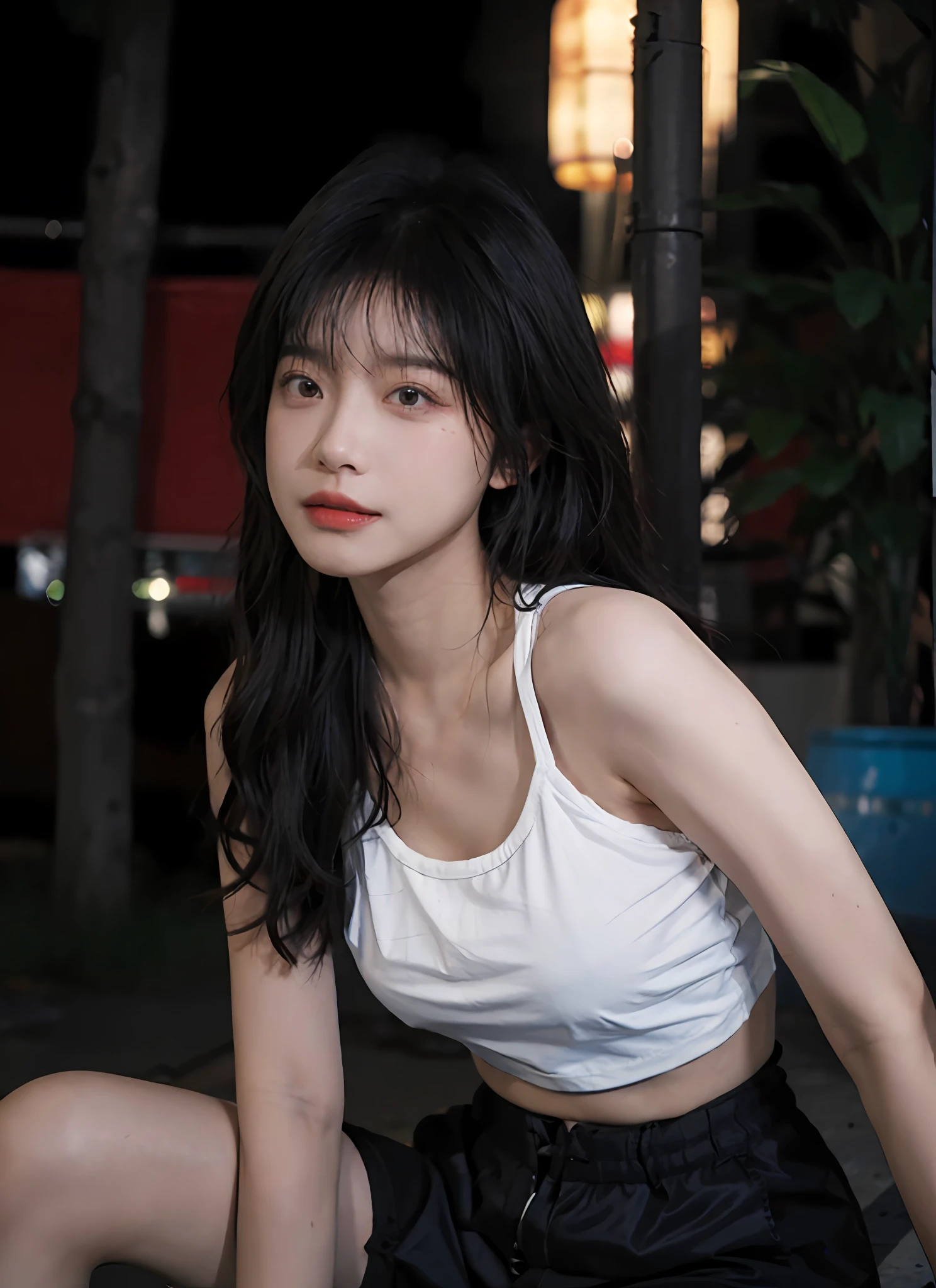 best qulaity,杰作,The ultra-great resolution,(Lifelike:1.4),1girls,erogenous,(The bikini:1.2),(largebreasts:1.3),(Black shorts:1.4)long haired,Close up of a,Romantic at night