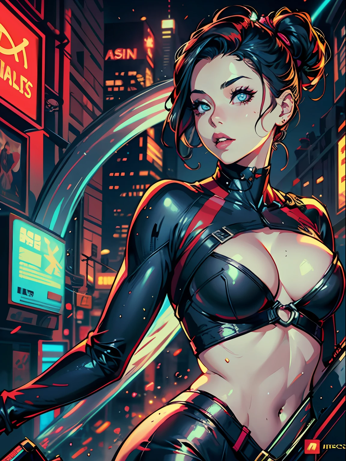 uma pintura digital da supergirl, DC, cabelos longos, arte cyberpunk de Josan Gonzalez, vencedora do concurso behance, afrofuturismo, synthwave, neon, neon brilhante ,coxas grossas, cintura fina, sensual, nsfw, pouca roupa, Erotic art, anime, roupas  rasgada de batalha, extremamente sexual, corpo suado, NSFW, seios grandes, bunda grande, HD, 8k, Alta qualidade, detalhes, corpo perfeito, destaque o corpo, detalhe no rosto perfeito, Detail in the background