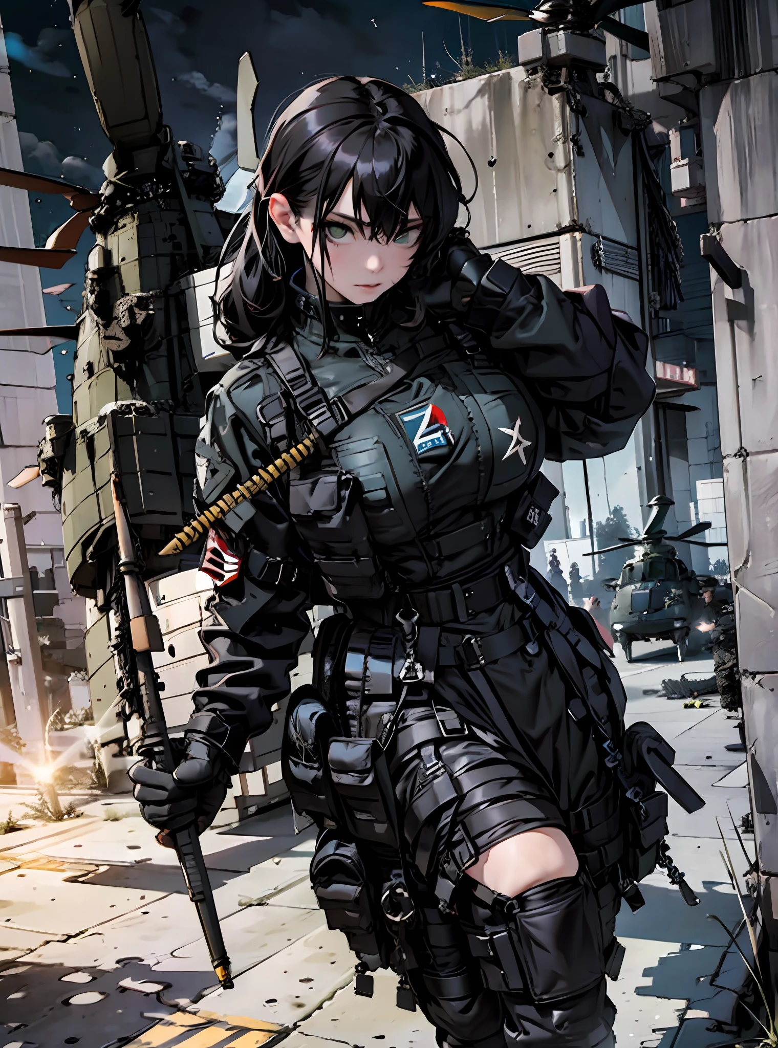 {{Master Masterpiece、beste Quality、extremely detailed CG、16 K、Film lighting、Lens Flare}}、blurry background、(One girl soldier aiming a huge rifle)、24yo、thick body、Teeth are protruding、photorealestic:1.4、Long blonde hair、Green eyes、Multiple weapons、((Military helicopters:1.6))、Special Forces、war、Shinjuku at night、from above view、aim、aim、Knee shooting、Wide View、Fighting zombies