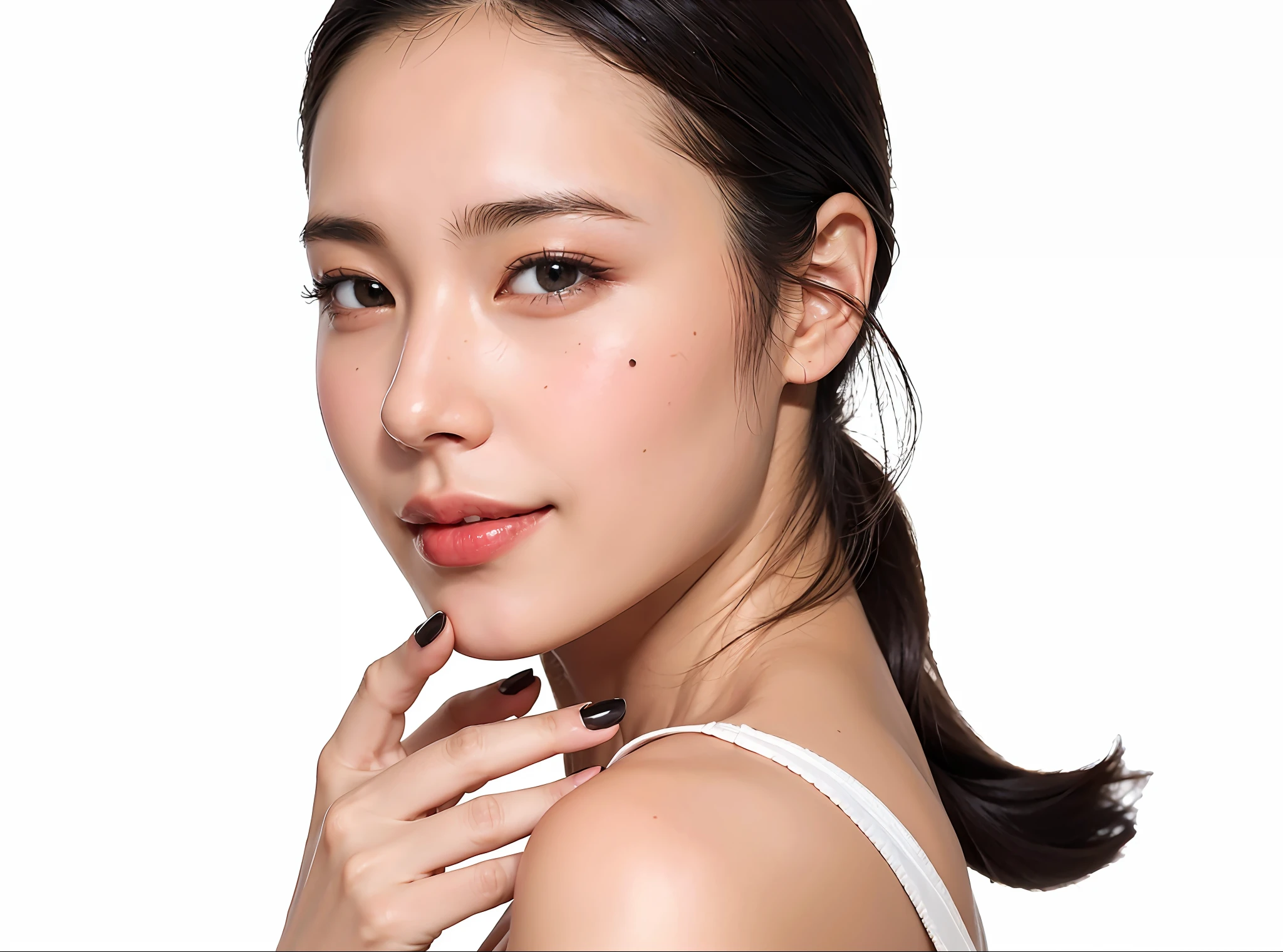 ((masterpiece, top quality, high definition)), 1 girl, (photorealistic: 1.4), solo, white background, snow-white background, mouth closed, happy smile, happy smile, pretty black hair, short hair, big eyes, clear double eyelids, eyelashes, ears out, long neck, long neck, absolute area, ((face close-up)), (drawing all head, shoulders), 19 years old, Attractive proportions, shiny skin, clean collarbone, golden ratio face, perfect face, teardrop mole, mole on chest, bangs, clean bangs, lip gloss, thin lips, pale skin, naked, big breasts, small face, small face, draw all head, draw all shoulders