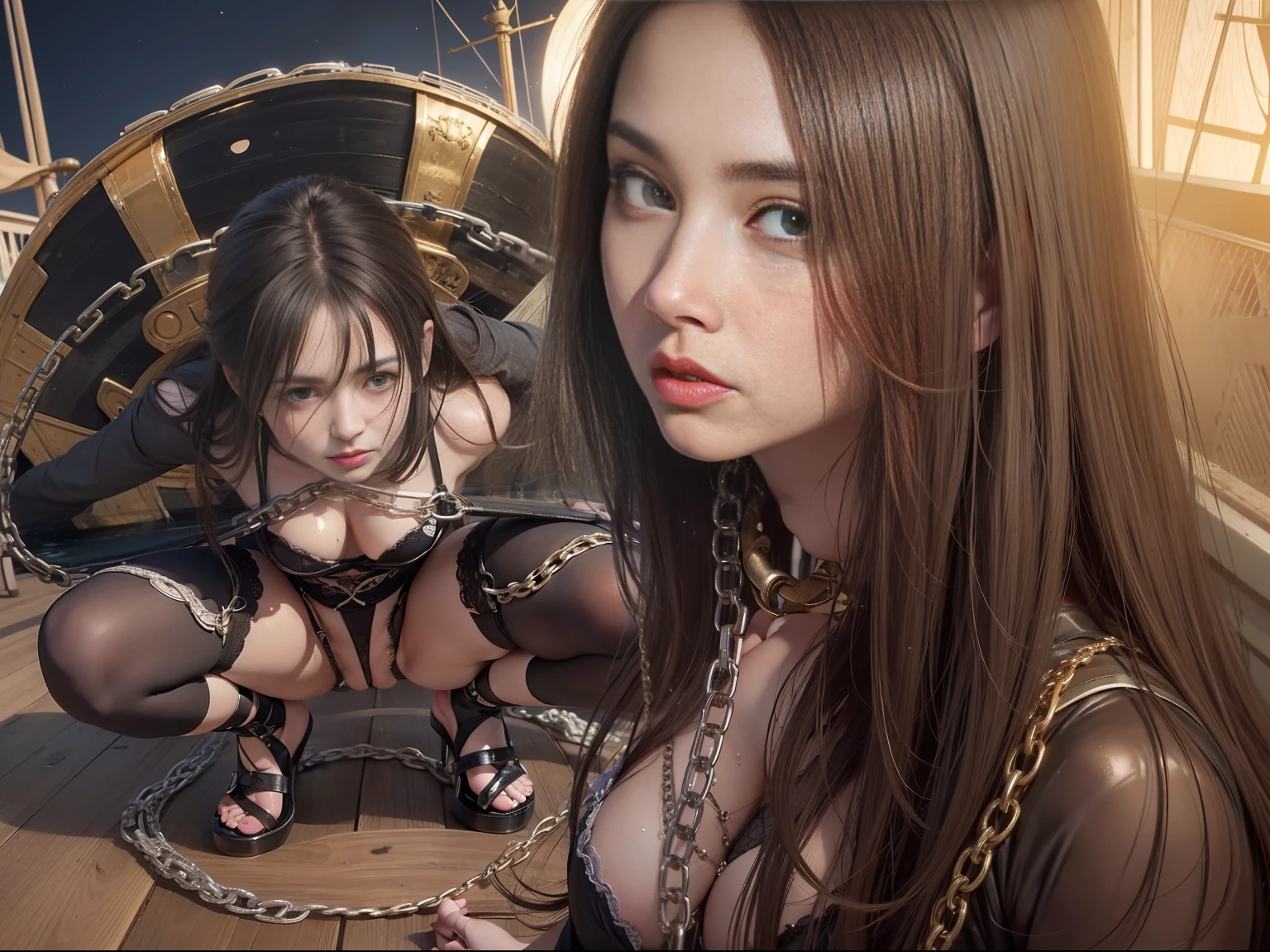 Best image quality, night, women in the back, men in the back, ancient ships of Greece, on board, old deck, old deck, collars with chains, bangles with chains, squatting, ropes, spectators, underwear, sad look, garter belts, stockings, wet skin, long brown hair, shiny beautiful skin, low angle