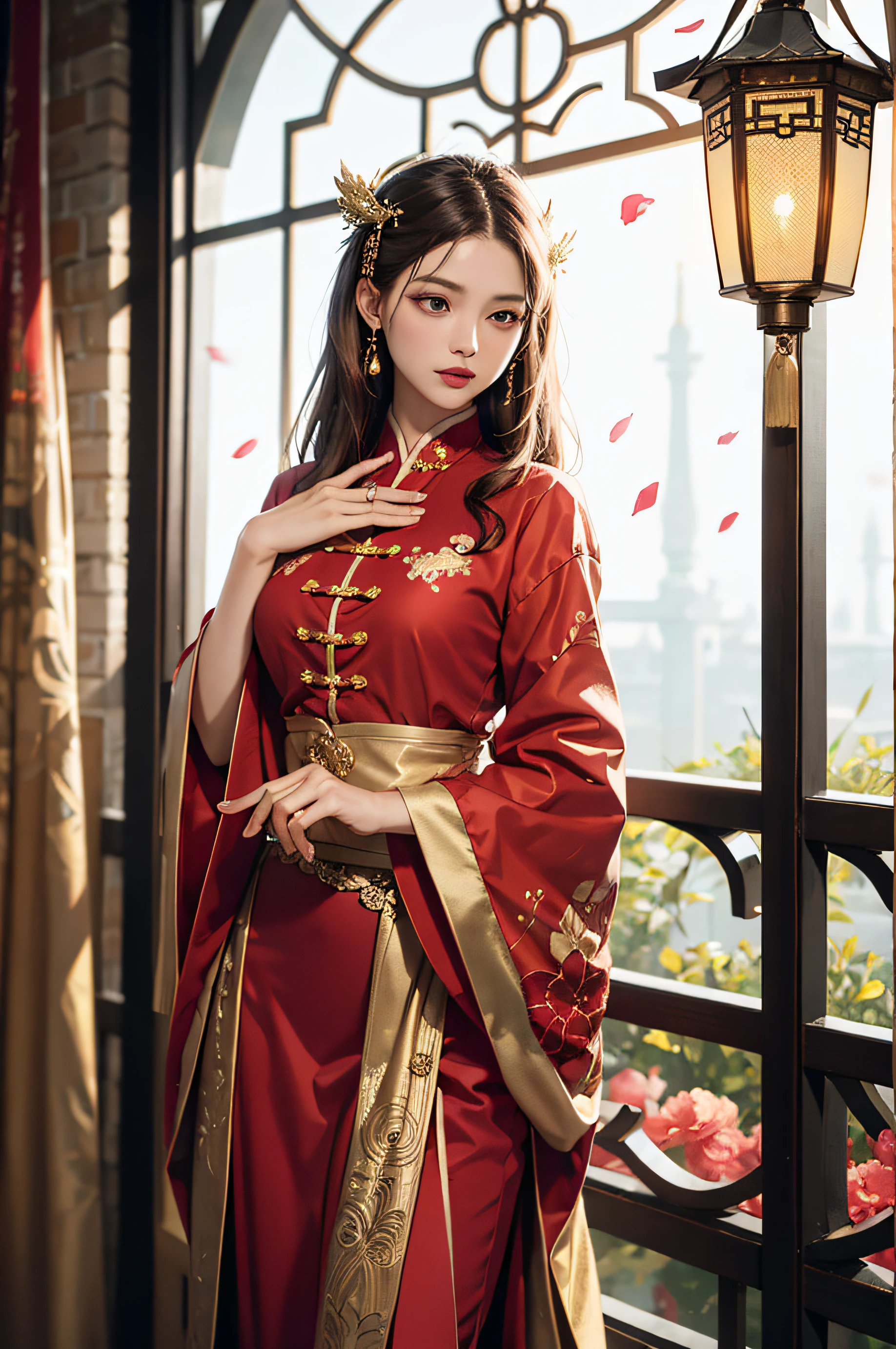best quality, masterpiece, highres, (exquisite body:1.5),gorgeous face,(milky skin:1.3),intricate details,high resolution,wallpaper,
1girl, solo, dress, hair ornament, (((gold and red dress))), flowers, long hair, brown hair, closed mouth, jewelry, long sleeves, hand up, wide sleeves, big eyes,floating hair, chinese clothes, hanfu, embroidery, long skirt, natural pose, falling petals, indoor,fanning, lantern,
16K,HDR,highres,depth field,(film grain:1.1),boken,golden hour,(lens flare),vignette,rainbowing,(color grading:1.5)