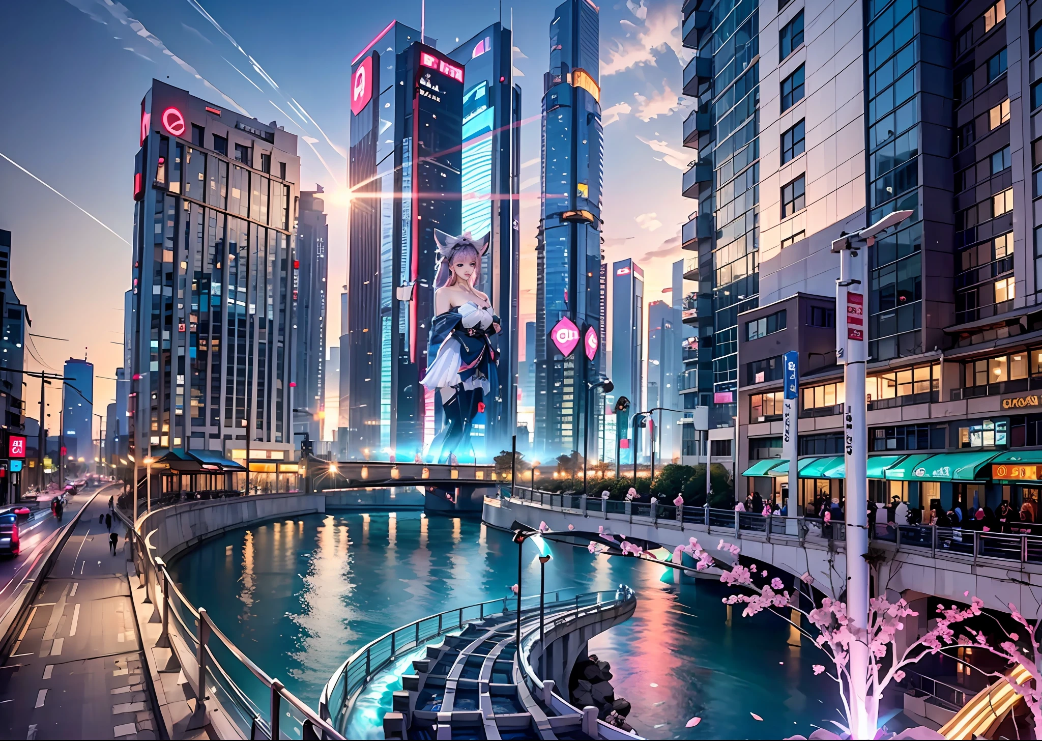 (Bird's eye view of the city),Garden-like city below,(Countless crowds:1.3),The high-rises of the future crisscross the sea,(Beautiful girl standing on a waterfall)，Bare shoulders, fcollarbone, Pleated skirt, bottomless, g-string,, Pink hair, Long hair, head phone, Female solo, Cat ears, grab chest, Medium breasts, gargantilha, boots, pink thighhighs, Bokeh, Uncensored, cover, head out of frame, Pink theme, petals,(((Masterpiece))),(((Best quality))),((Ultra-detailed))((Extremely detailed CG)),((16k wallpaper))((An extremely delicate and beautiful)),{Photorealistic},Full body, Detailed light,full bloom,,,A masterpiece from the Canon EOS R6 shooting,((杰作)) ,cinematiclight,Unreal Engine 5,the creamy smooth skin