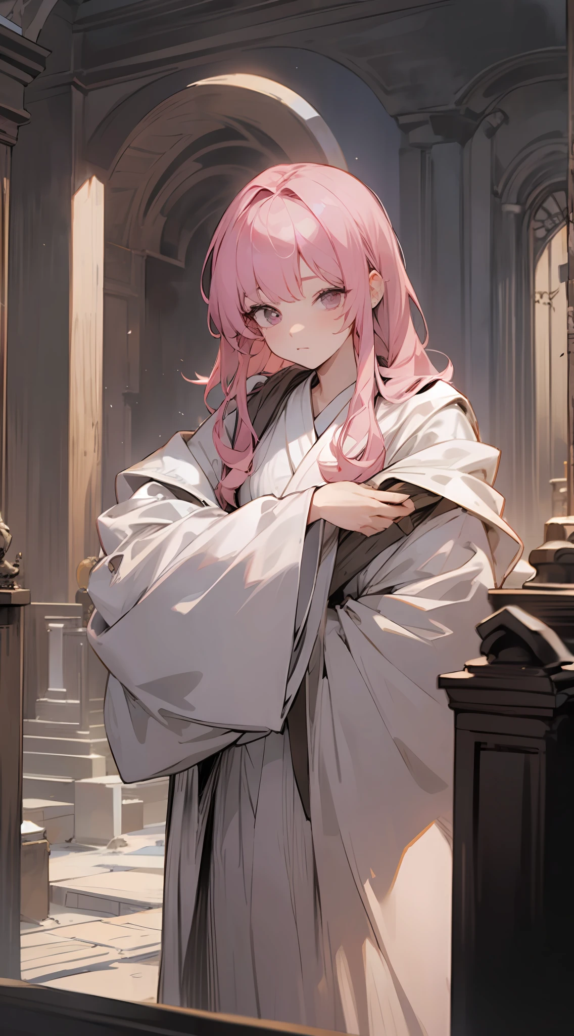 Inside a dark Western-style cemetery、healer、Pink hair、Quiet、white robes、