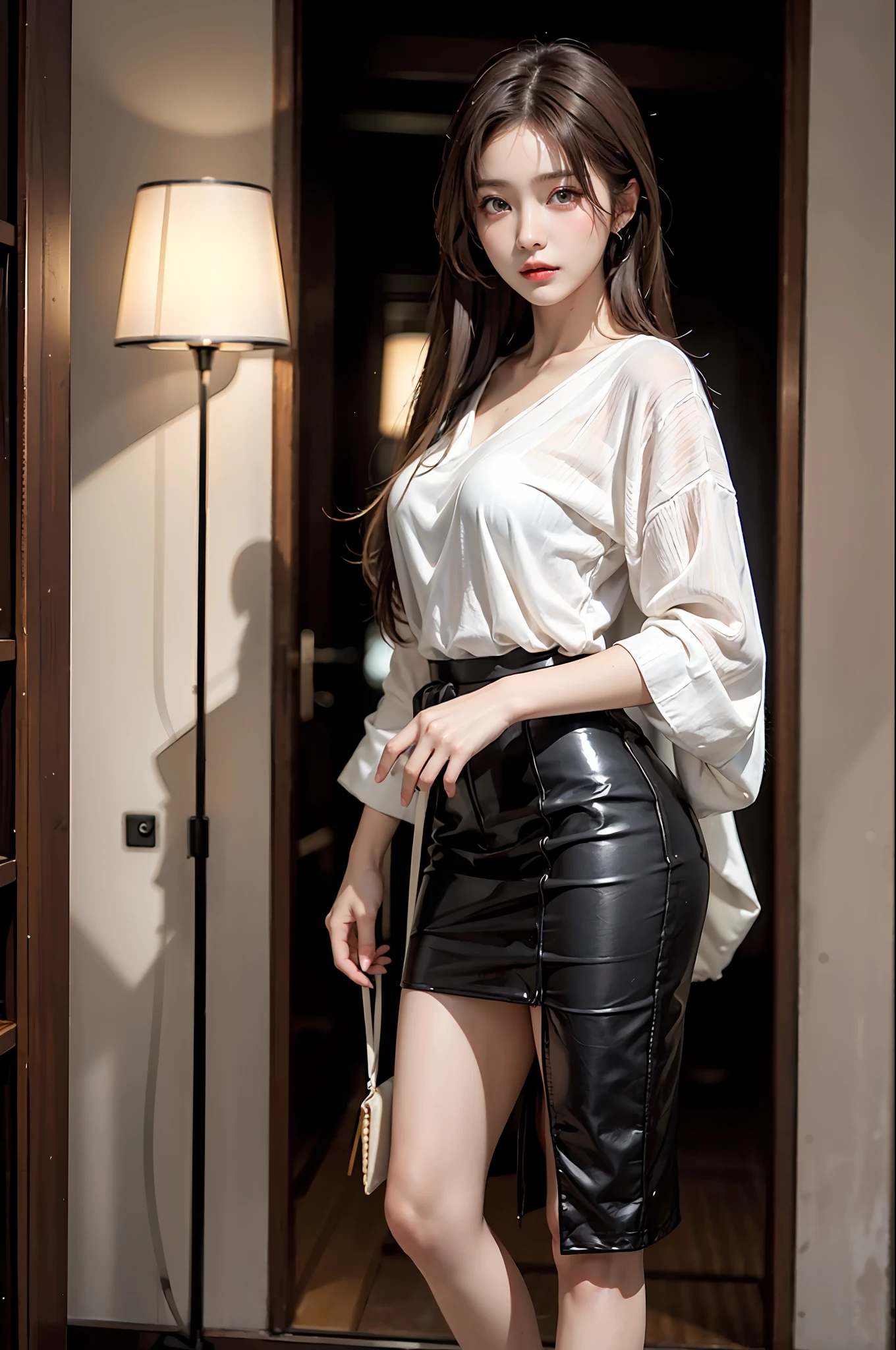 Masterpiece, best picture quality, one beautiful girl, detailed eyes, swollen eyes, brown hair, long hair, fair skin, cute, cute legs, short skirt, Japanese woman, Asian beauty, moonlight, strong eyes, professional lighting, bright lighting, double eyelids, slender, Japanese woman, Asian beauty,