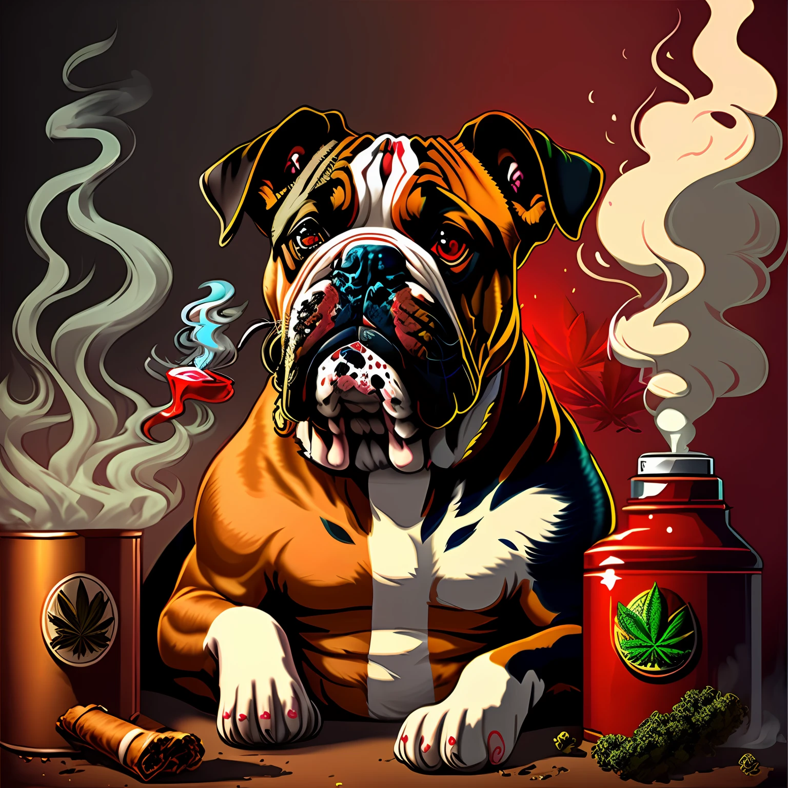 (Masterpiece), Best Quality, Ultra-detailed, Funky dog illustration, (1dog), Smoking a cigar in cold steam(Fat cigar), (1bulldog), chilling and relaxed, (red-eyed:1.2+bloodshot eyes), Smoky atmosphere, drunk mood, (embedding of marijuana:1.2), --auto