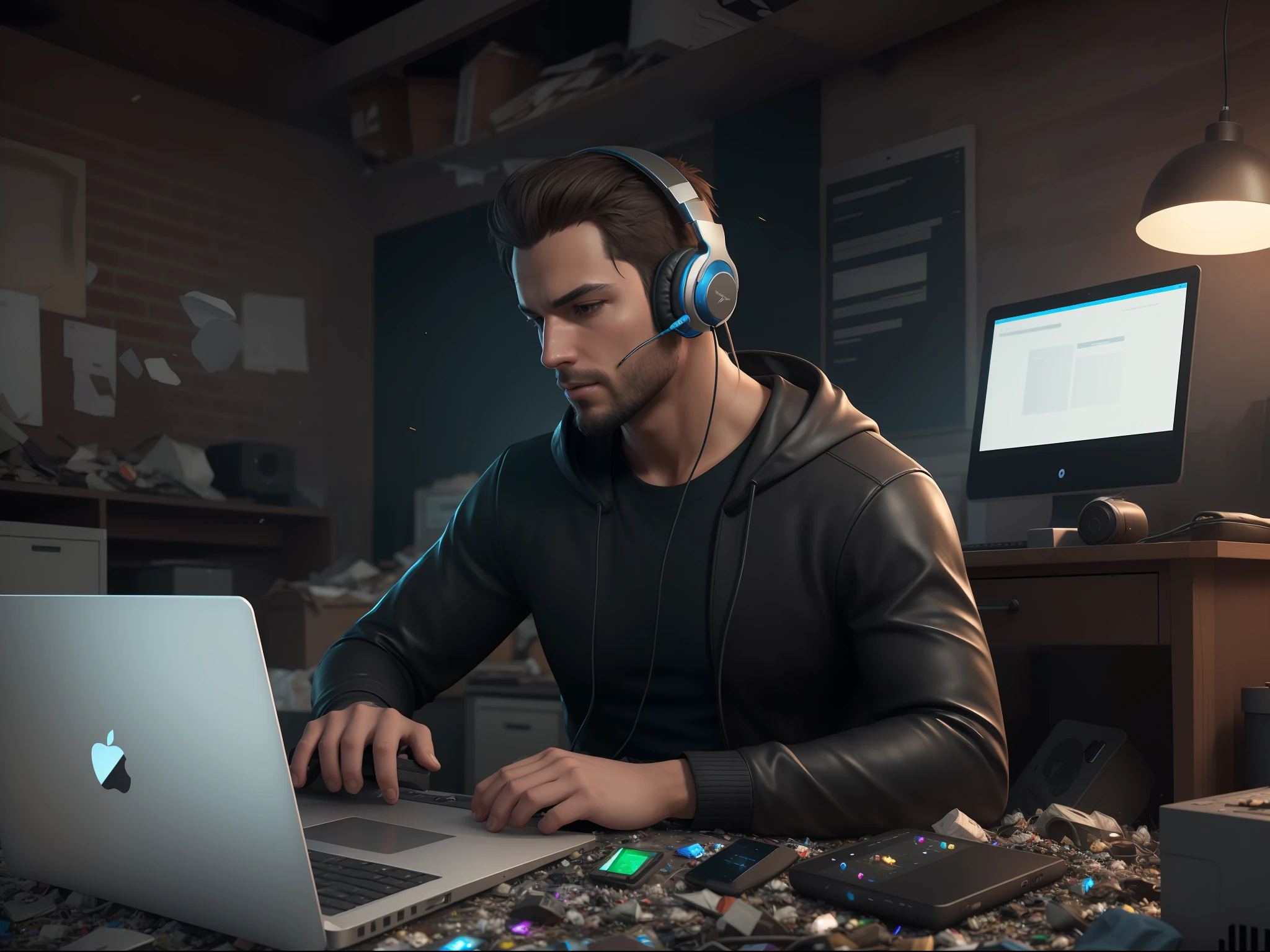 a man with headphones using laptop at the garbage dumb , front view, POV, trashes and electronic wastes around him, detailed face, photorealistic, highly detailed , hyper realistic, masterpiece, unreal engine, 8k resolution,