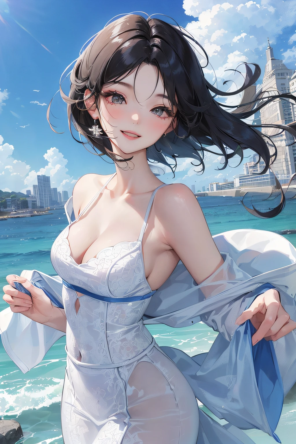 (Masterpiece, Best quality, Ultra-detailed), Reflecting the sun, She has loose black hair, Pristine sandy beach。