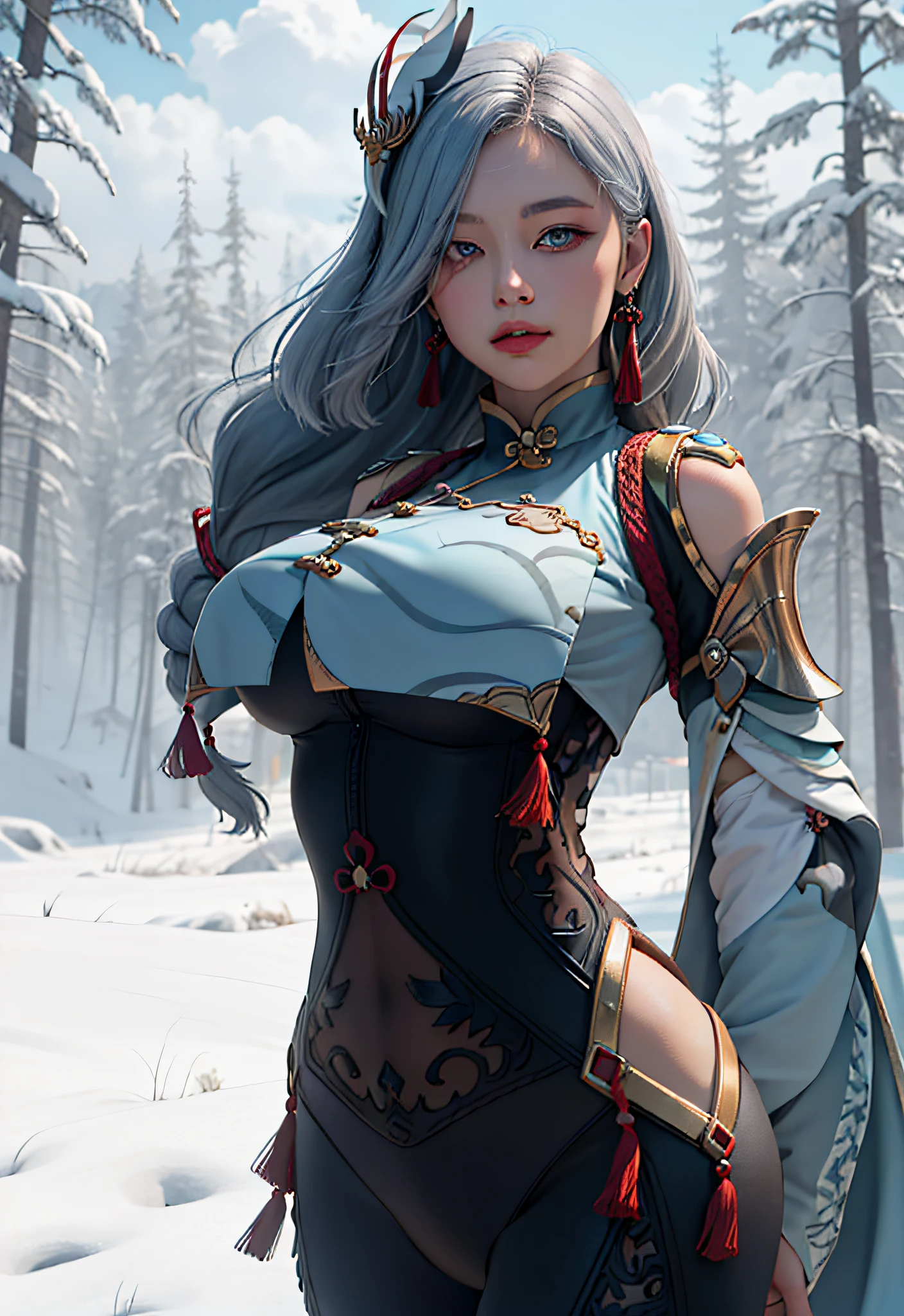 ((masterpiece)), (best quality:1.7), (detailed:1.4), (high res:1.4), 8k, (colorful:1.5), ((2d)), high resolution, sharped image, 4k, hd, shenhe_genshin, 1girl, (((solo))), ((grey hair)), (((light blue eyes))), long hair, (very long hair), ((hair over one eye)), ((braided ponytail)), ((((face focus)))), (((arms on air))), (small breasts), ((middle body)), (((cowboy shot)))), ((white breasts)), ((((breast courtain)))), blush, looking at viewer, bodysuit, long sleeves, shoulder cutout, covered navel, clothing cutout, black gloves, jewelry, partially fingerless gloves, ((hip vent)), earrings, tassel, chinese clothes, curvy body, ((white bodysuit)), (big hips), (character focus), serious, (((on fram))), snow, forest, sun, sky, clouds, ((white chest)), hair ornament, ((((breast large courtain)))),