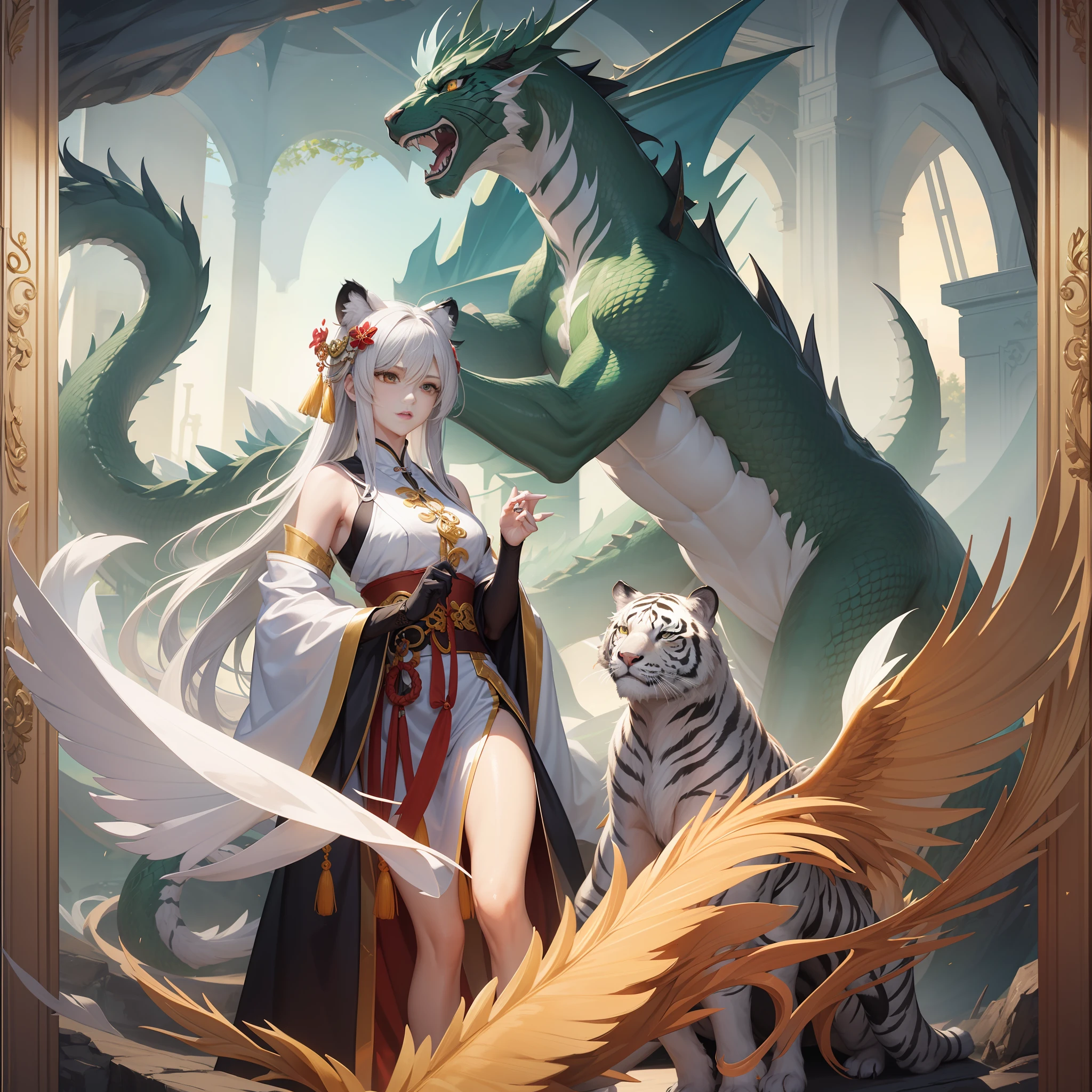 Four holy beasts,(Green Dragon:1.1),White tiger,(Suzaku:1.1),(Xuanwu:1.1),Gorgeous and detailed CG illustration,Best Picture Quality,ultra high-detail,dynamic angle,Beautiful gesture,Green Dragon:Teeth and claws,White tiger:majestic-looking,Suzaku:Splendid feathers,Xuanwu:Fortitude and solemnity。