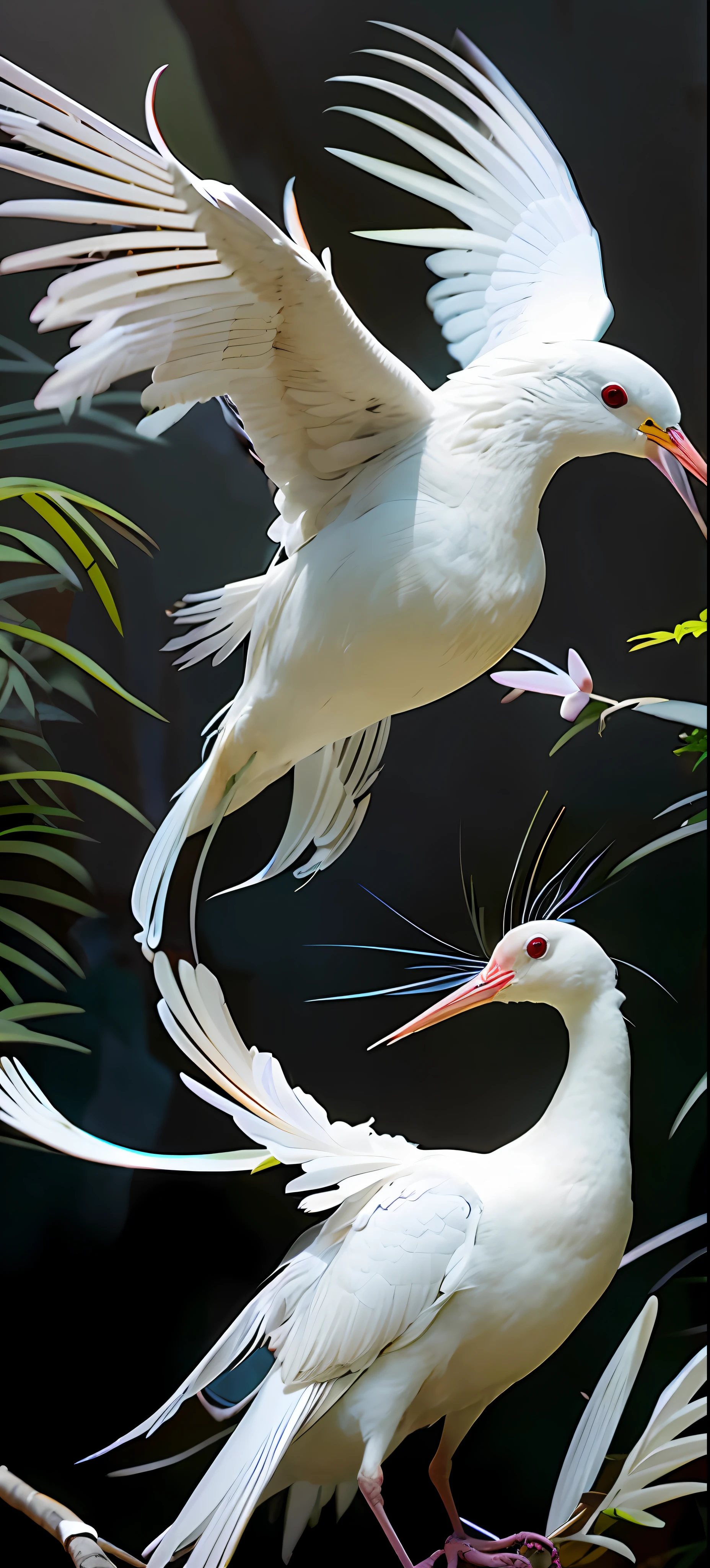 there is a white bird with a long beak standing on a mossy branch, hermoso y elegante, Fotograma del documental Nature, Naturaleza realmente hermosa, Fotograma de un documental de naturaleza, a surrealistic bird, peaceful and graceful, hermosa naturaleza, surrealistic bird, japanese crane bird in center, foto muy bonita, Impresionante naturaleza en el fondo, hd nature photography, rare bird in the jungle