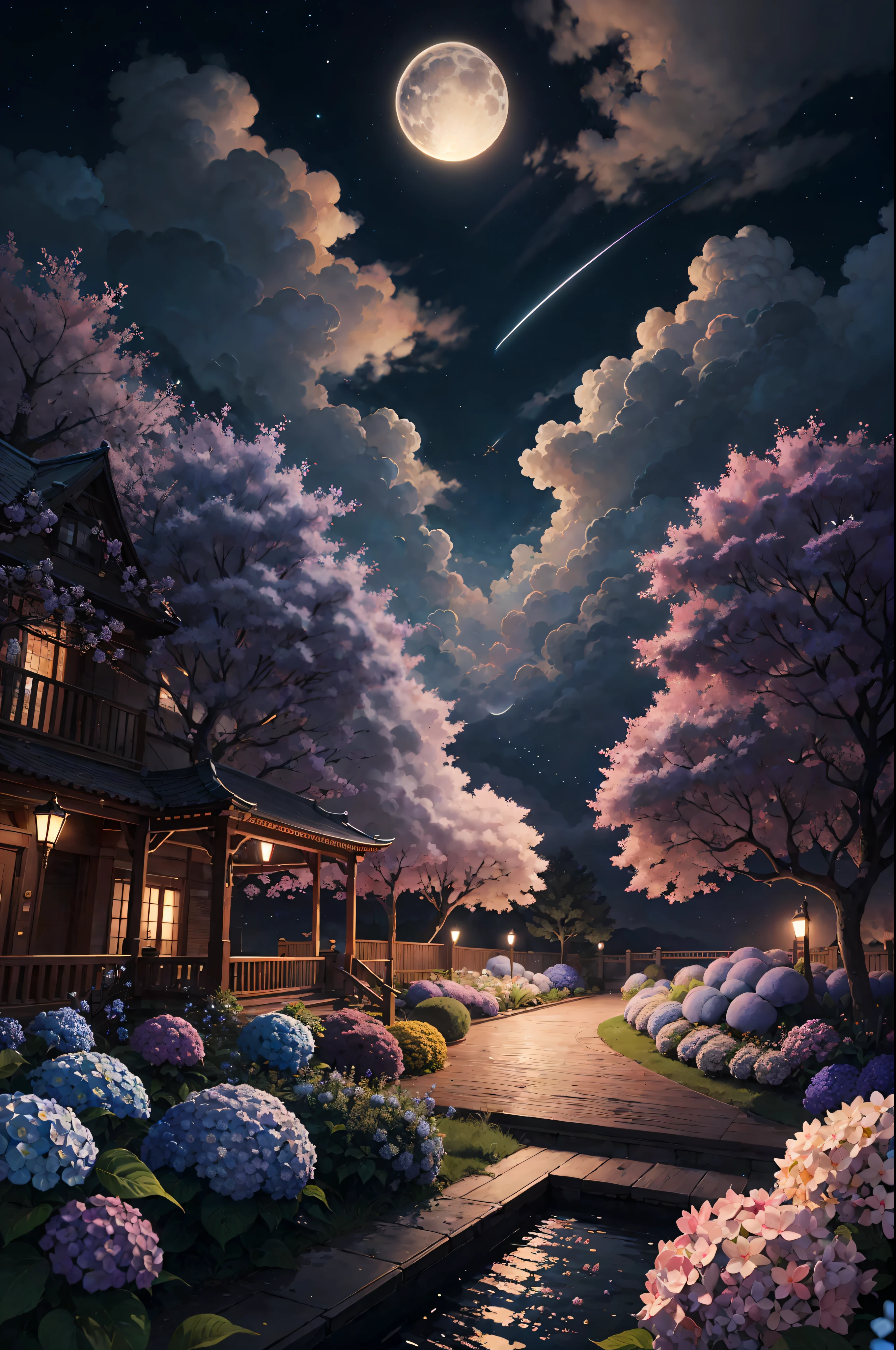 paint(strokes)+, atmosphere, intricated, the clouds, Aspect ratio 1:1, raytraced, vokeh, suave, (colorfully), (Details Complex Busy Background: 0.8), hydrangea, Repair drone, (night:1.4), Sharp Eyeliner, with intricate details, Hand on Chinese sword, A beautiful, Flat Illustration, landscapes, Detail Love, (Ultra detailded), days, photon maping, ((with intricate details)), Ship Wake, (Peach tree), crowd, night