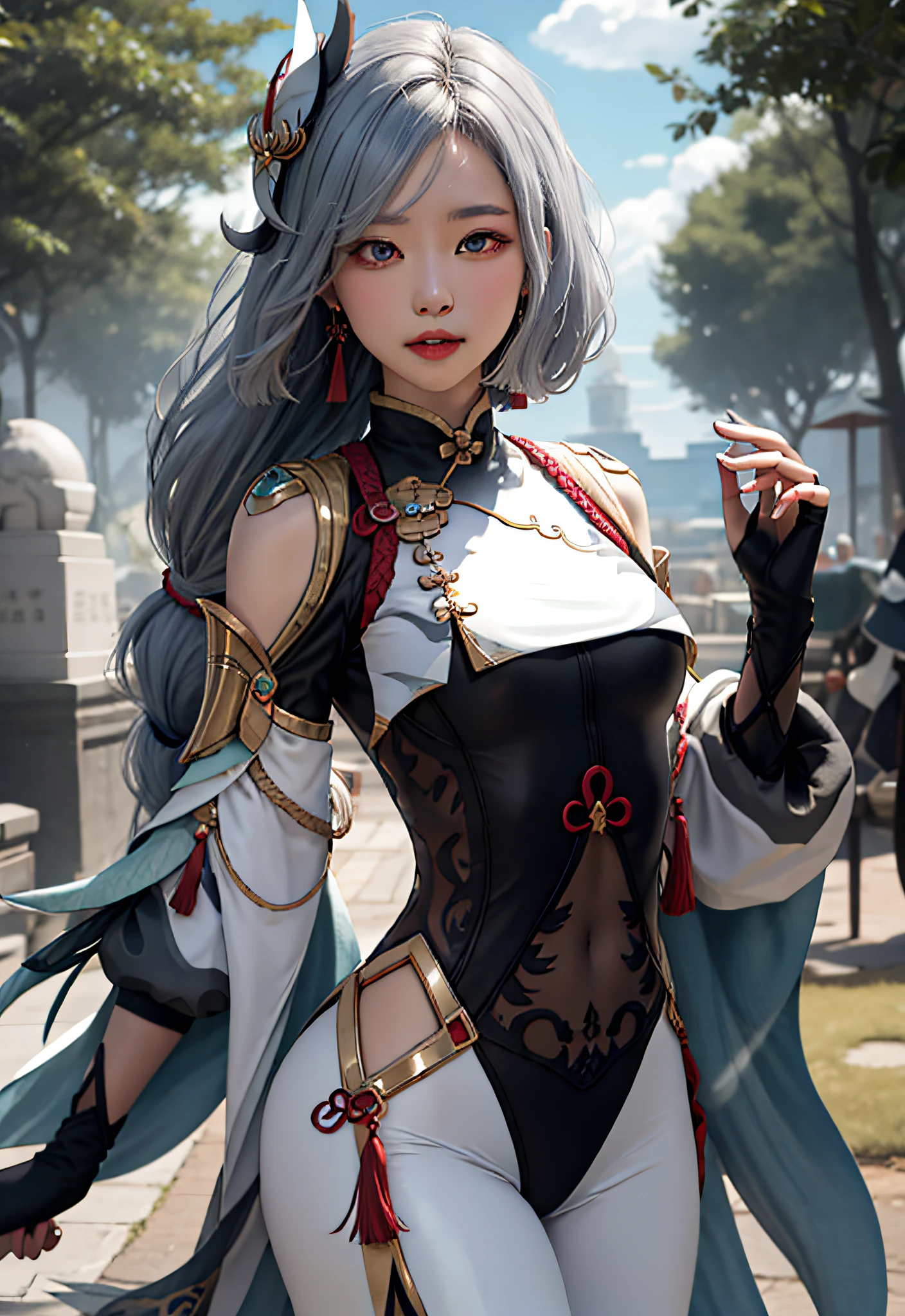 （（杰作））， （best qulaity：1.7）， （detailled：1.4）， （high - resolution：1.4）， 8K， （colourised：1.5）， （（2d））， high - resolution， Sharp images， 4K， high-definition， shenhe_Genshin， 1girls， （（（独奏）））， （（Gray hair））， （（Light eyes）））， long haired， （Very long hair）， （（Hair above one eye））， （（Braided ponytail））， （facefocus））））， （The arm is in the air）））， （small udder）， （（（middle body））， （（cowboy lens）））， （（White breasts））， （lagre breasts））））， get  blush， looking at the spectator， high leotard，long sleeves，shoulder cutout，Cover the navel，clothing cutout，Black gloves，jewelries，Partial fingerless gloves，（（Hip vents）），ear ring，tassels，chineseclothes，Curvy body，（（White Bodysuit：1.3）），（big buttock），（Character focus），Graves，（（（In fram））），yuki，forests，The Sun，skies，Clouds，（（White chest）），hair ornament，（（（（breasts large）））），