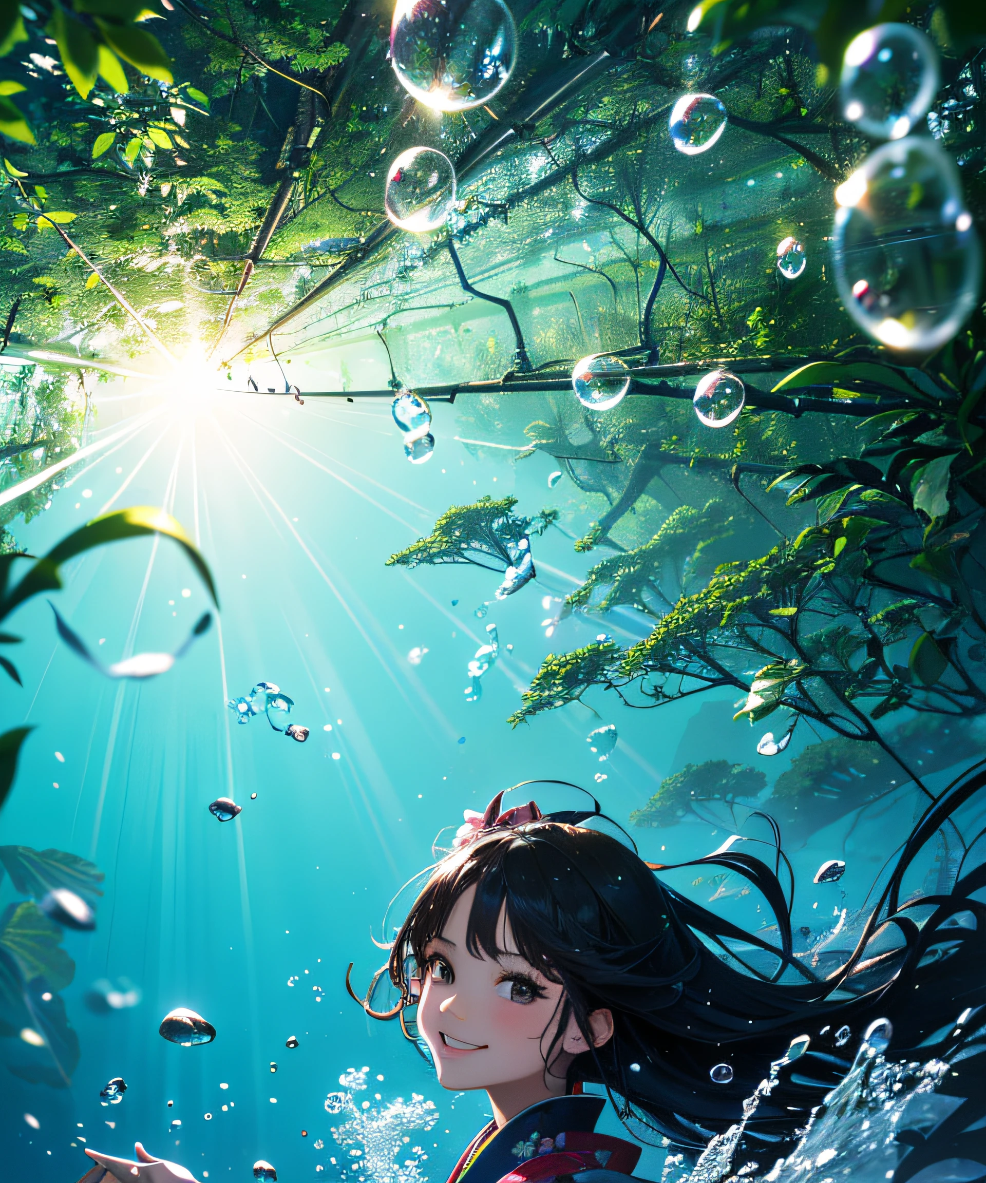(masterspiece、Realstic、Top image quality、beste Quality、ultra-highres、photorealestic:1.1)、((A long-haired black woman swimming underwater in a kimono in a clear stream that passes to the bottom of the water with a waterfall deep in the forest１Underwater shooting of a beautiful girl with healthy skin:1.5)))、Light shines into the water、up、Up a smile that breathes out like bubbles
