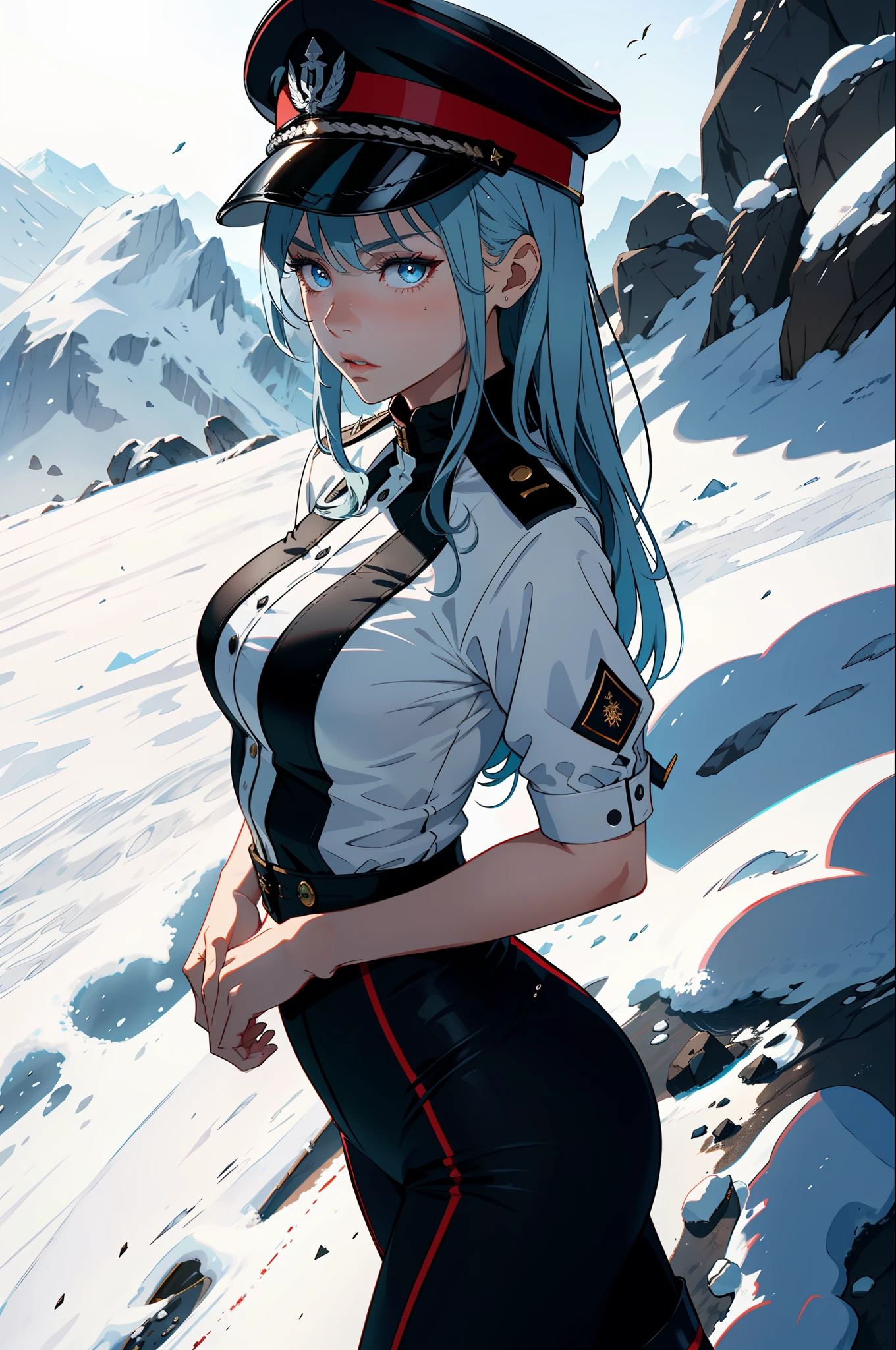 1girls, Female general, Delicate and beautiful face, get blush, Blue pupil,blue hairs,long hair flowing,Angry, Parting lips, Busty chest,Convex buttocks,White military uniform, White military cap,White lace-up boots,perfectly proportioned, Detailed clothing details, glacier,snowfield,Cinematic lighting, filmgrain, Fujicolor, Contrast of light and shade, 8K, Masterpiece, Textured skin, Super detail, hight detail, High quality, high - resolution,