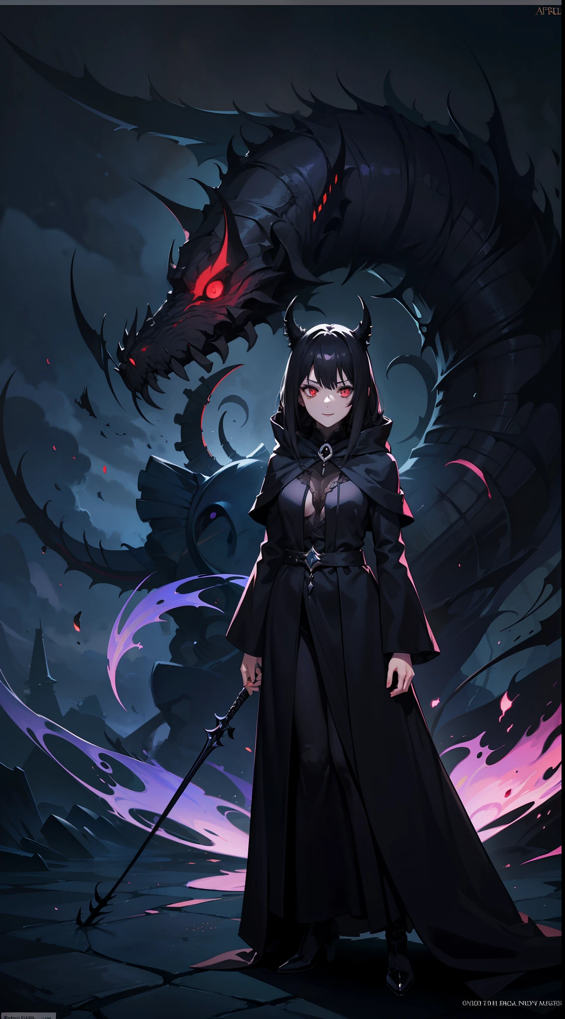 The April month as a sister of shadows female, red eyes, hiding her hands, masked darkness dark character art, dark aura, oil painting, character design, character art, prestige, sharp look, dark aura wallpaper, fairytale, lushill style, beautiful female arabian face, mad smile, scare on face, wearing a black robe, black dark dungeon background wallpaper