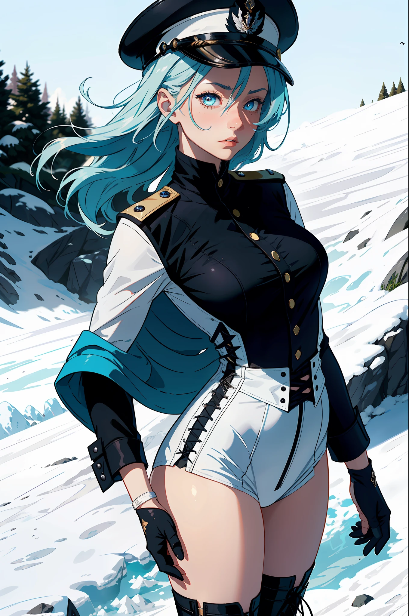 1girls, Female general, Delicate and beautiful face, get blush, Blue pupil,blue hairs,long hair flowing,Angry, Parting lips, Busty chest,Convex buttocks,White military uniform, White military cap,White lace-up boots,perfectly proportioned, Detailed clothing details, glacier,snowfield,Cinematic lighting, filmgrain, Fujicolor, Contrast of light and shade, 8K, Masterpiece, Textured skin, Super detail, hight detail, High quality, high - resolution,