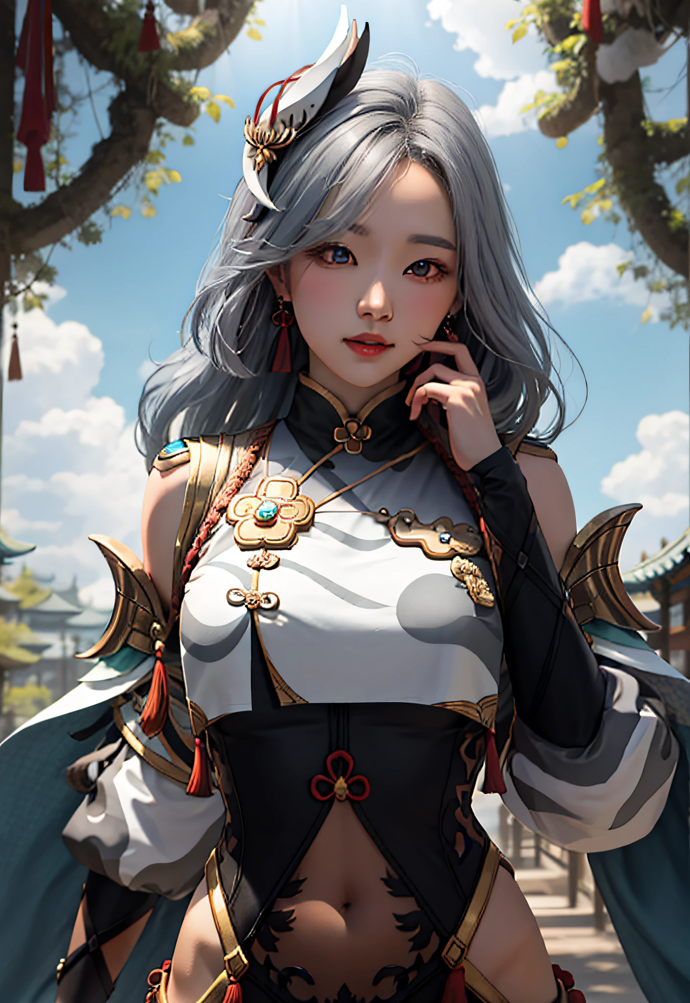（（杰作））， （best qulaity：1.7）， （detailled：1.4）， （high - resolution：1.4）， 8K， （colourised：1.5）， （（2d））， high - resolution， Sharp images， 4K， high-definition， shenhe_Genshin， 1girls， （（（独奏）））， （（Gray hair））， （（Light eyes）））， long haired， （Very long hair）， （（Hair above one eye））， （（Braided ponytail））， （facefocus））））， （The arm is in the air）））， （small udder）， （（（middle body））， （（cowboy lens）））， （（White breasts））， （lagre breasts））））， get  blush， looking at the spectator， high leotard，long sleeves，shoulder cutout，Cover the navel，clothing cutout，Black gloves，jewelries，Partial fingerless gloves，（（Hip vents）），ear ring，tassels，chineseclothes，Curvy body，（（White Bodysuit：1.3）），（big buttock），（Character focus），Graves，（（（In fram））），yuki，forests，The Sun，skies，Clouds，（（White chest）），hair ornament，（（（（breasts large）））），