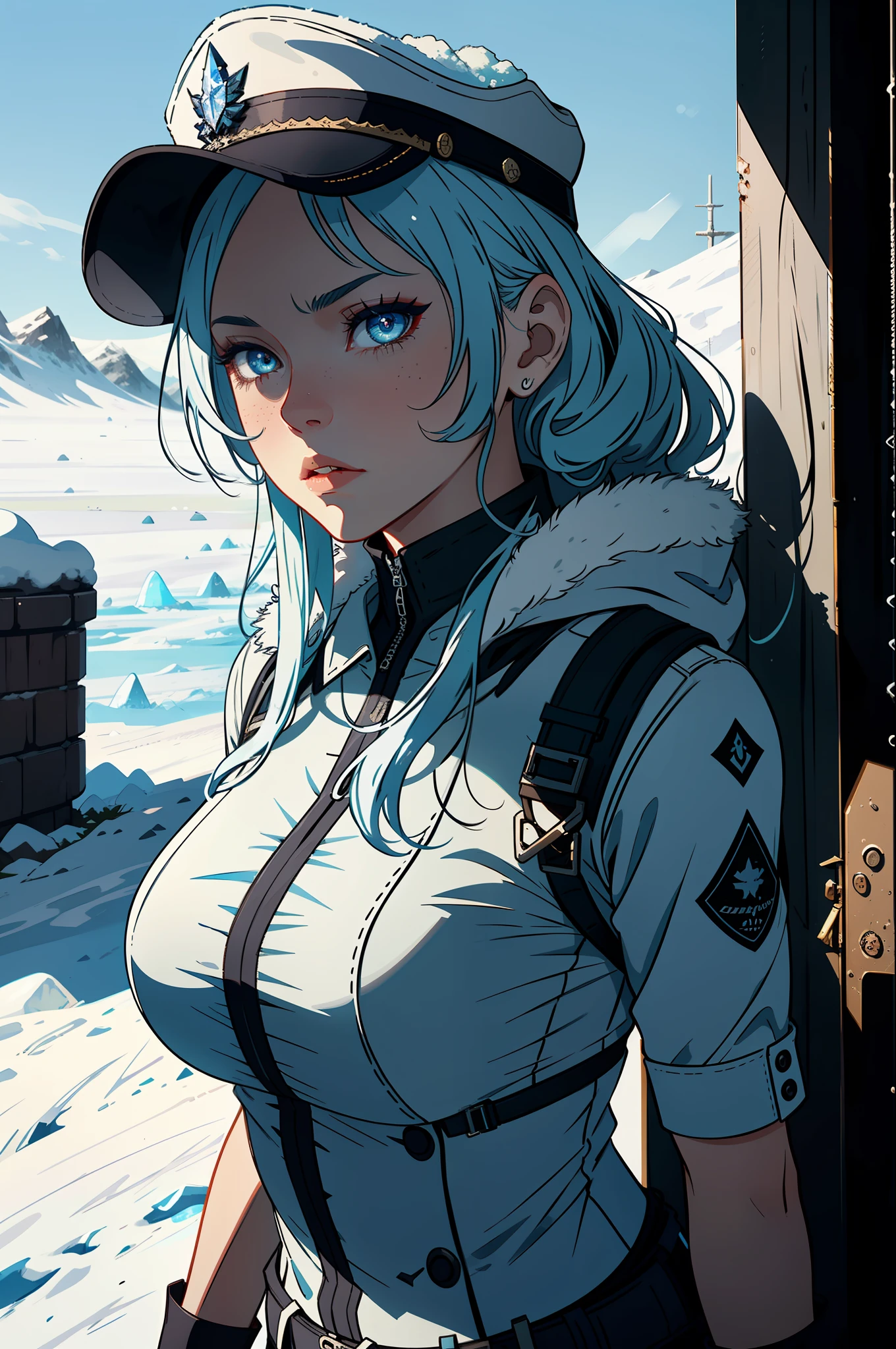 1girls, Female general, Delicate and beautiful face, get  blush, Blue pupil，blue hairs，long hair flowing，Angry, Parting lips, Busty chest，Convex buttocks，White military uniform, White military cap，White lace-up boots，perfectly proportioned, Detailed clothing details, glacier，snowfield，Cinematic lighting, filmgrain, Fujicolor, Contrast of light and shade, 8K, Masterpiece, Textured skin, Super detail, hight detail, High quality, high - resolution,