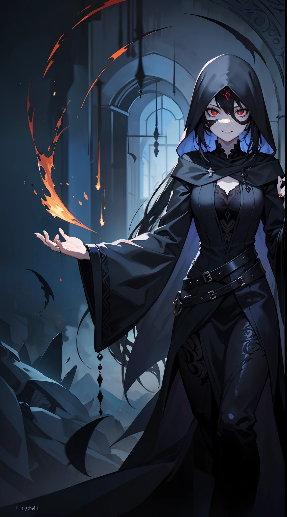 The April month as a sister of shadows female, red eyes, hiding her hands, masked darkness dark character art, dark aura, oil painting, character design, character art, prestige, sharp look, dark aura wallpaper, fairytale, lushill style, beautiful female arabian face, mad smile, scare on face, wearing a black robe, black dark dungeon background wallpaper