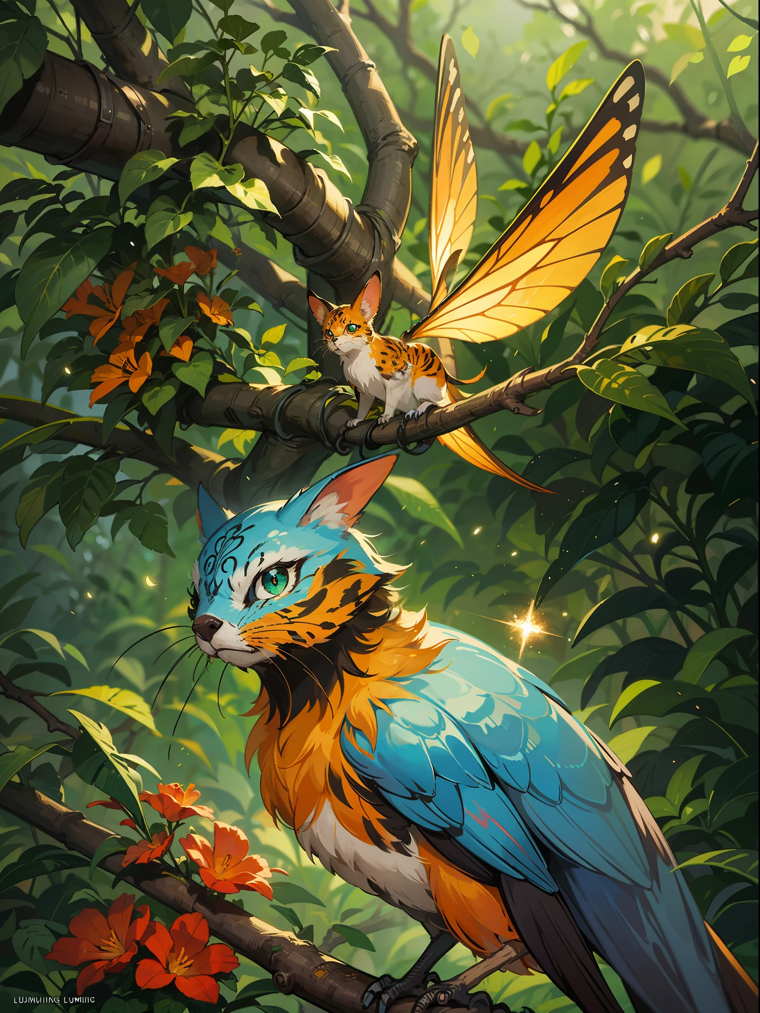 luminism, cinematic, 32k, photorealistic, stars, sparks, highly detailed close up super cute spring bird of paradise fluffy pixie gremlin creature sitting on a tree branch, surrounded spring landscape, highly detailed glittering scales, curly fur, lavish green leaves, craola, WLOP, greg rutkowski extremely big reflective eyes, leaves, multicolored bright yellow, orange , red, flowers, bright orange butterflies, forest, snow , sunlight, sunbeams, ,,, fantasy, dynamic lighting, lights, digital painting, intricated pose, highly detailed , cute, filigree, intricated,