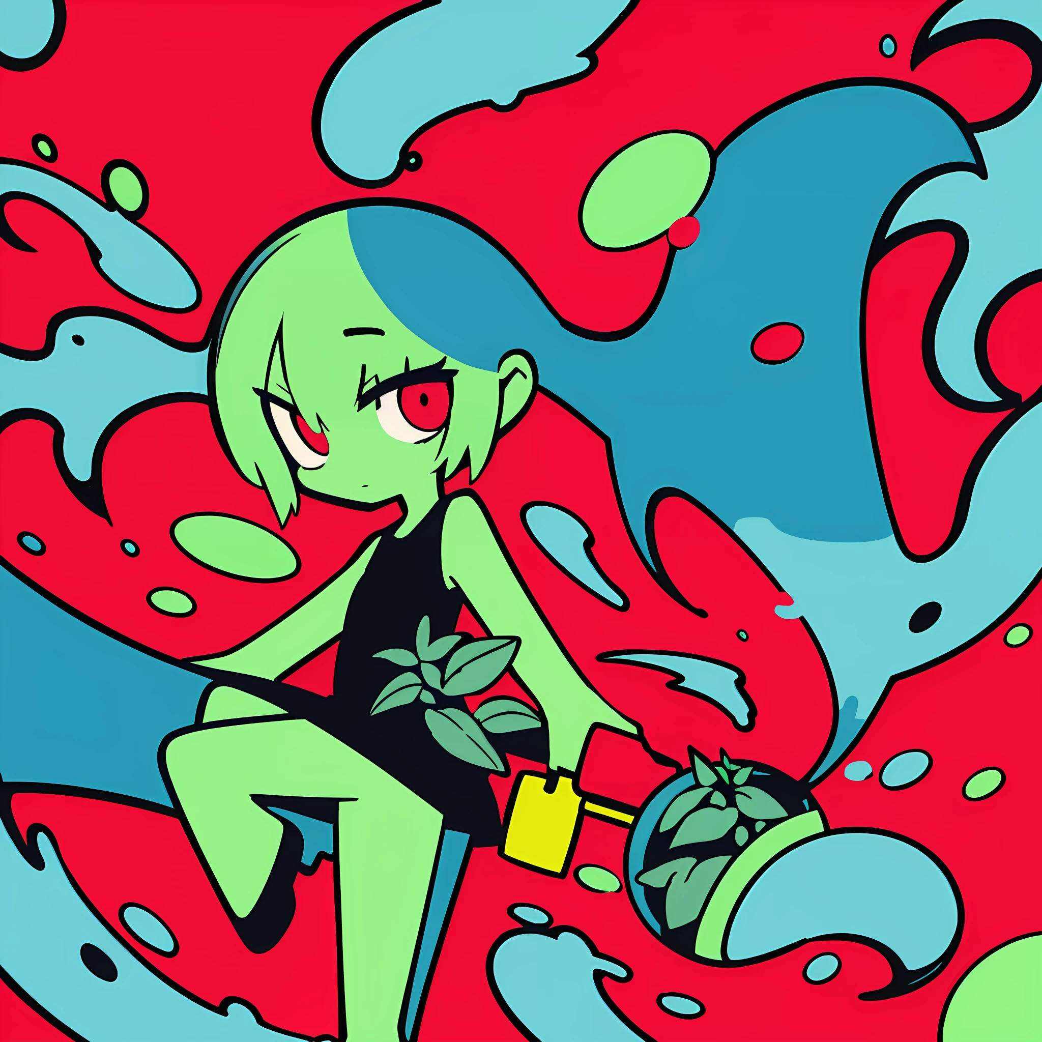 (Ultra detailed, ultra high resolution, detailed background),((2D)),((flat color))),(colorful)),((floating colorful water)),,1 girl,solo,watch viewer,break,benjamin,plant anthropomorphism,