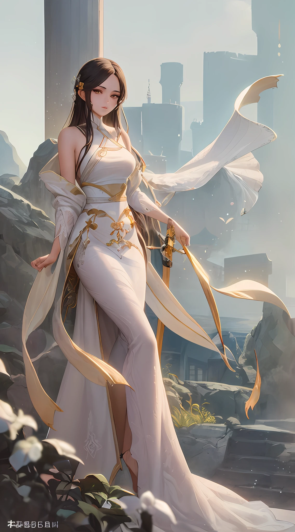 a close up of a woman with a sword in a white dress, a character portrait by Yang J, trending on cgsociety, fantasy art, beautiful character painting, artwork in the style of guweiz, guweiz, white hanfu, flowing white robes, full body wuxia, epic exquisite character art, stunning character art, beautiful female assassin