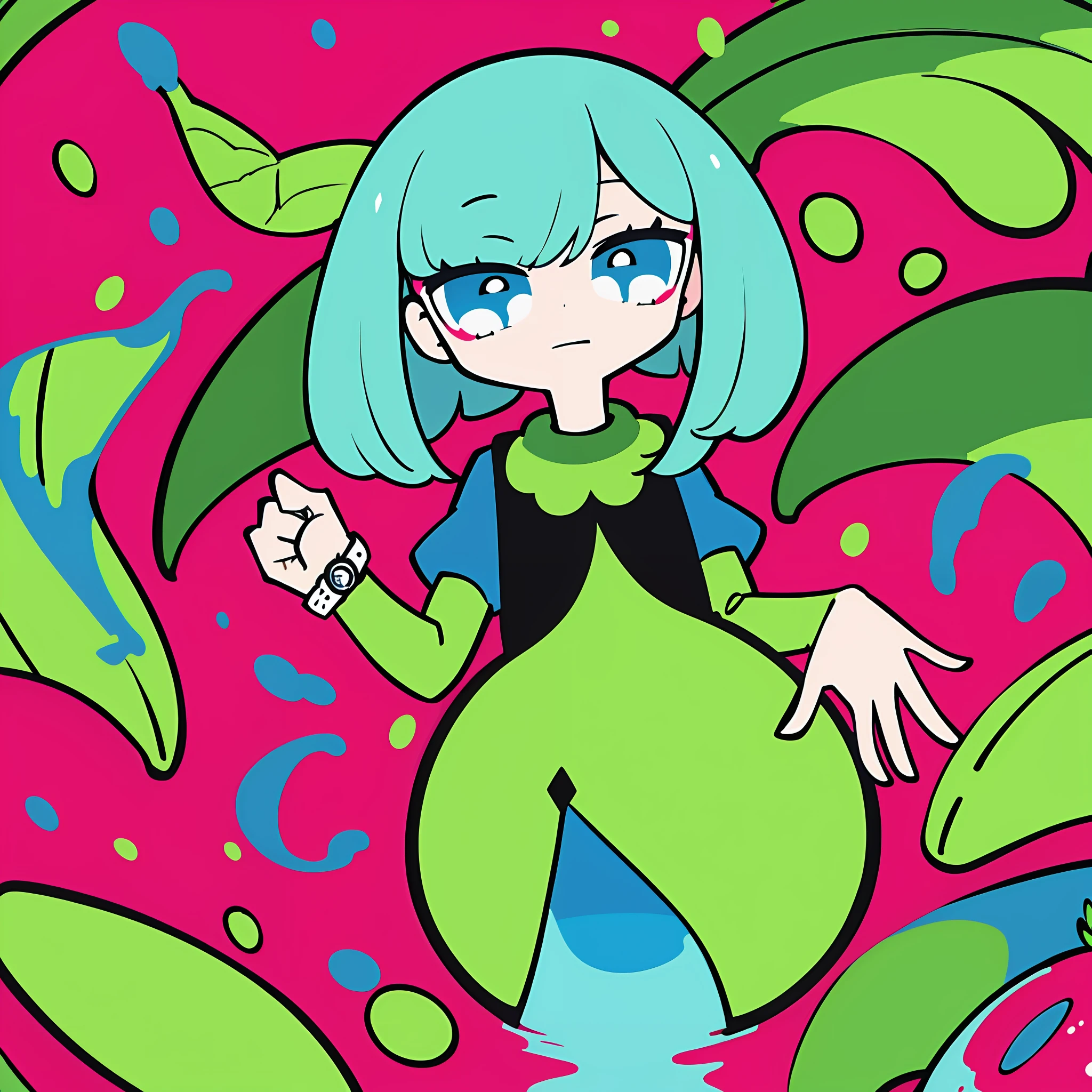 (Ultra detailed, ultra high resolution, detailed background),((2D)),((flat color))),(colorful)),((floating colorful water)),,1 girl,solo,watch viewer,break,benjamin,plant anthropomorphism,