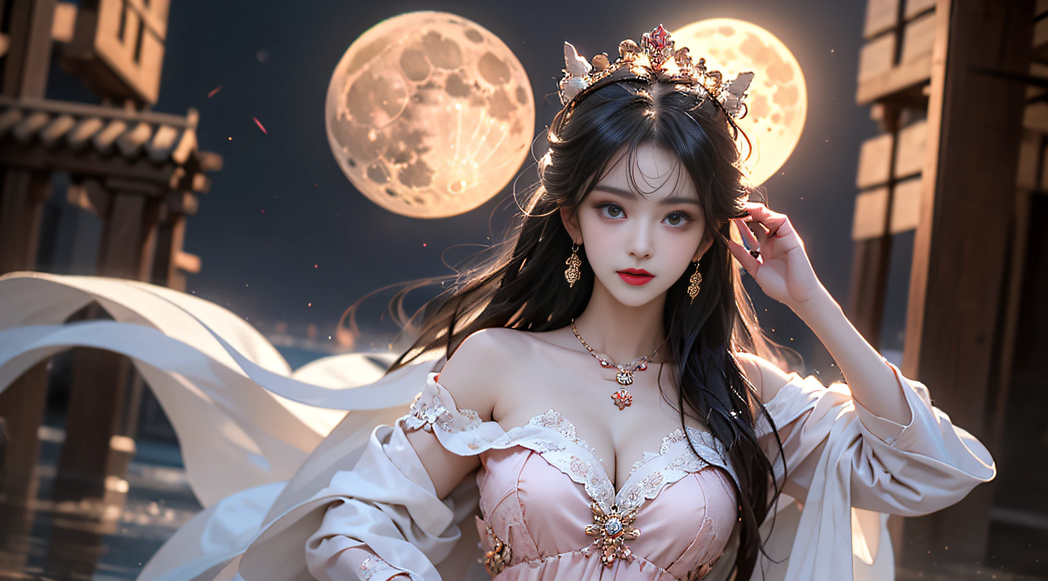 1 adult empress wearing a red lace top, deep-breasted nightgown, Chinese-style clothes, ancient costumes with many phoenix patterns, flawless pink and white face, crowned head, hip-length black hair , very beautiful and sharp brown eyes, small red lips, painted lips, closed mouth, jewelry worn around the neck, earrings, white and even teeth, high nose, big round breasts, the girl's body is covered with water on chest, long legs, thin mesh black socks, portrait, most realistic, highest quality, best pixels, 8k ultra , (clear super big moon background: 1.8)
