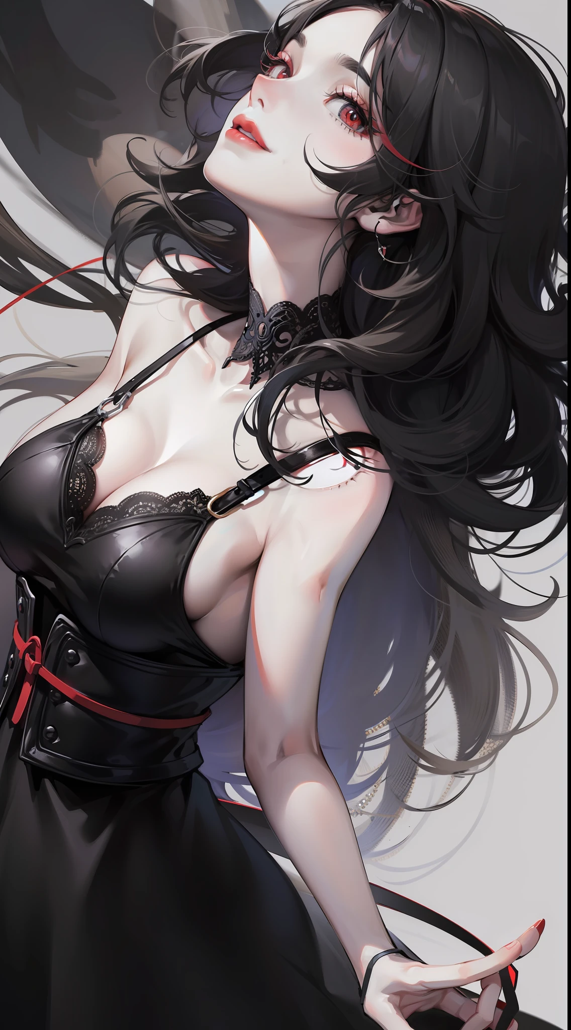 Adult gray woman, long black hair, red eyes, gray skin, Rich black dress, smirk, Smoke, The Masterpiece, hig quality