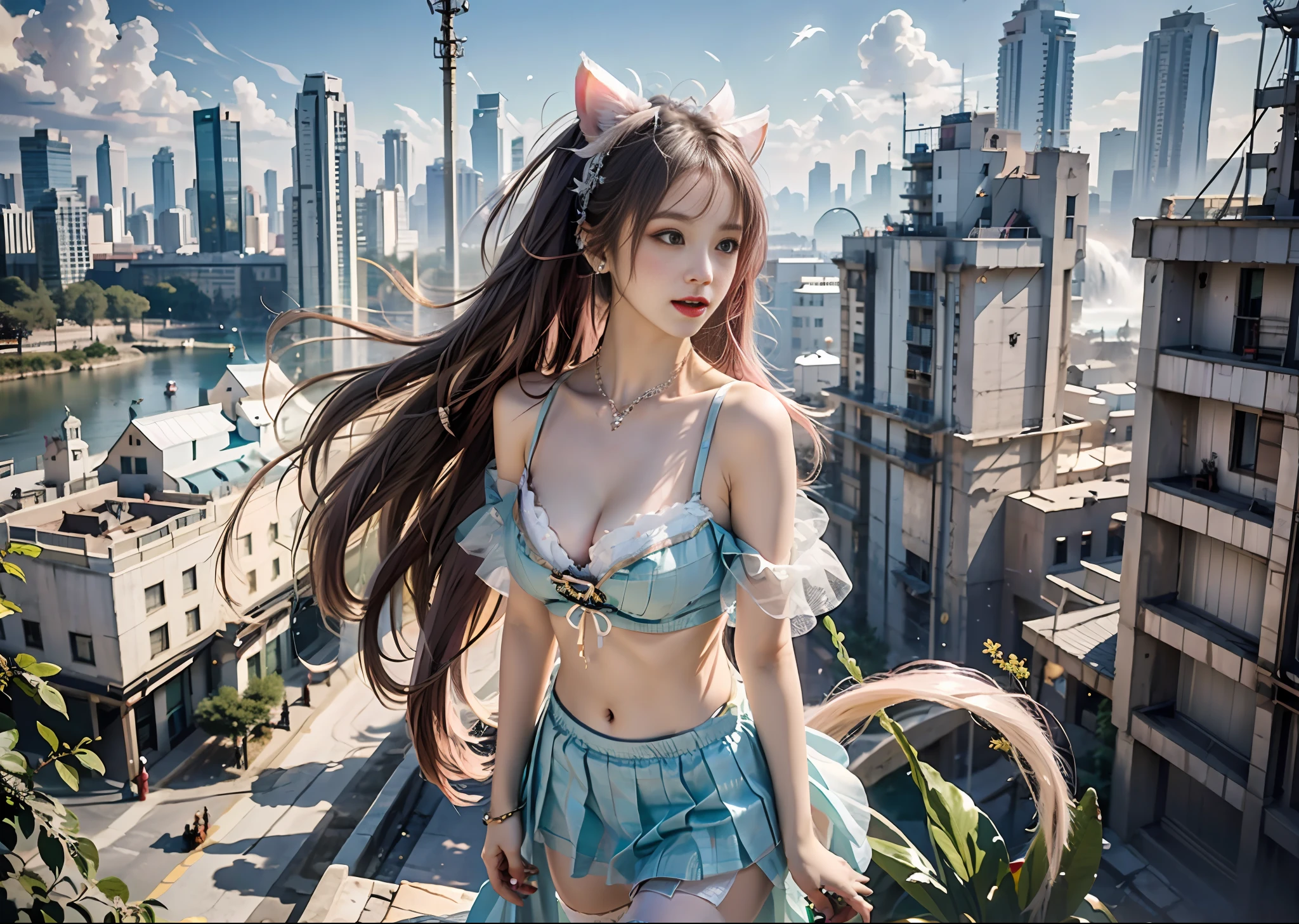 (Bird's eye view of the city),Garden-like city below,(Countless crowds:1.3),The high-rises of the future crisscross the sea,(Beautiful girl standing on a waterfall),Bare shoulders, fcollarbone, Pleated skirt, bottomless, g-string,, Pink hair, Long hair, head phone, Female solo, Cat ears, grab chest, Medium breasts, gargantilha, boots, pink thighhighs, Bokeh, Uncensored, cover, head out of frame, Pink theme, petals,(((Masterpiece))),(((Best quality))),((Ultra-detailed))((Extremely detailed CG)),((16k wallpaper))((An extremely delicate and beautiful)),{Photorealistic},Full body, Detailed light,full bloom,,,A masterpiece from the Canon EOS R6 shooting,((杰作)) ,cinematiclight,Unreal Engine 5,the creamy smooth skin