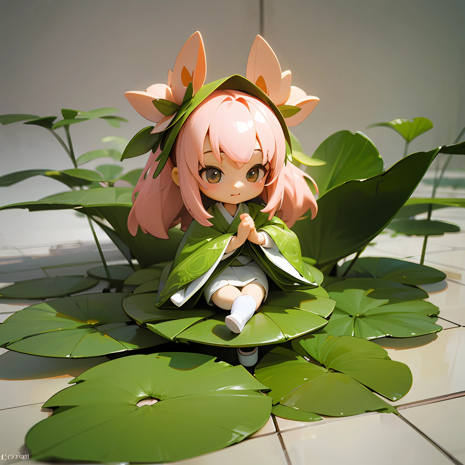 （A small doll wearing a lotus flower），（Sit in a lotus leaf），pink hair，Lovely 3D rendering，cute detailed digital art，adorable digital art，Cute cartoon character，cute digital painting，Cutes！C4D，cute character，Vogue Japan 3D，（white backdrop），Ultra detailded，Thanks to Zhiding，3D model of a Japanese mascot，Nendoroid 3D，cute forest creature