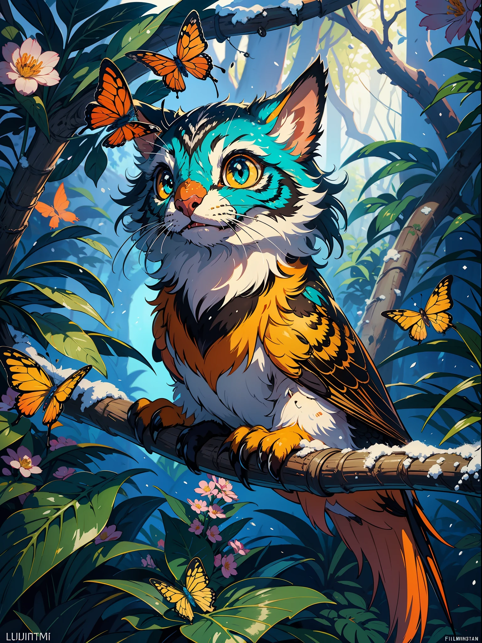 luminism, cinematic, 32k, photorealistic, stars, sparks, highly detailed close up super cute spring bird of paradise fluffy pixie gremlin creature sitting on a tree branch, surrounded spring landscape, highly detailed glittering scales, curly fur, lavish green leaves, craola, WLOP, greg rutkowski extremely big reflective eyes, leaves, multicolored bright yellow, orange , red, flowers, bright orange butterflies, forest, snow , sunlight, sunbeams, ,,, fantasy, dynamic lighting, lights, digital painting, intricated pose, highly detailed , cute, filigree, intricated,