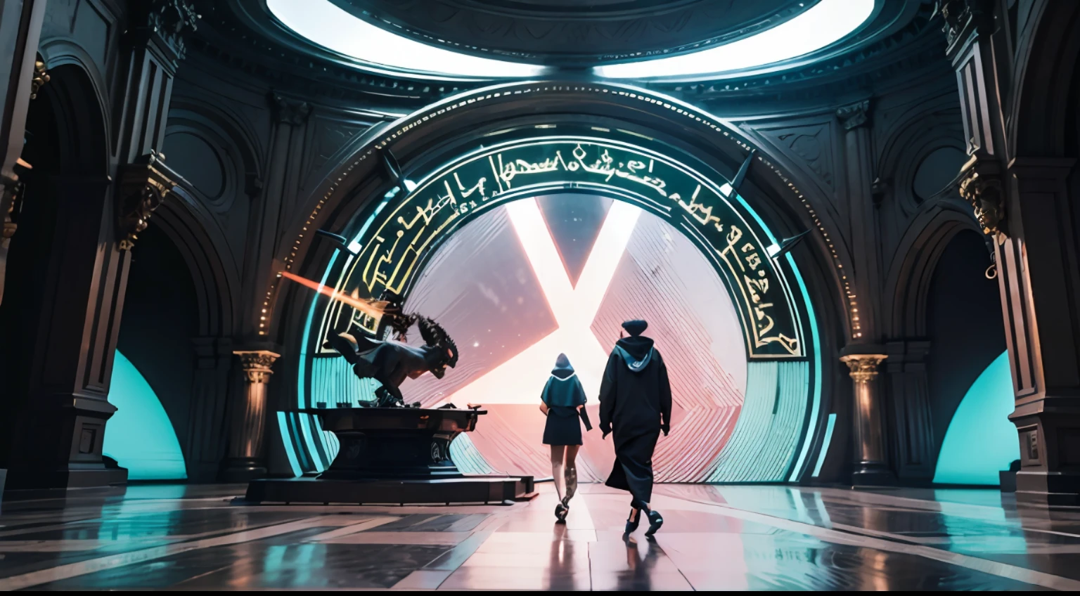 photorealistic male model wearing a black hoodie dress walking on an avant garde fashion runway with a chimera statue in the back, a baphomet chimera statue in a green laser circle on the back of the runway, sideways, camera angle, deconstructed hoodie, octane render, redshift render, proffesional 3D, cinema 4D, cinematic lighting, masterpiece, high definition, expensive rende, babylonian style