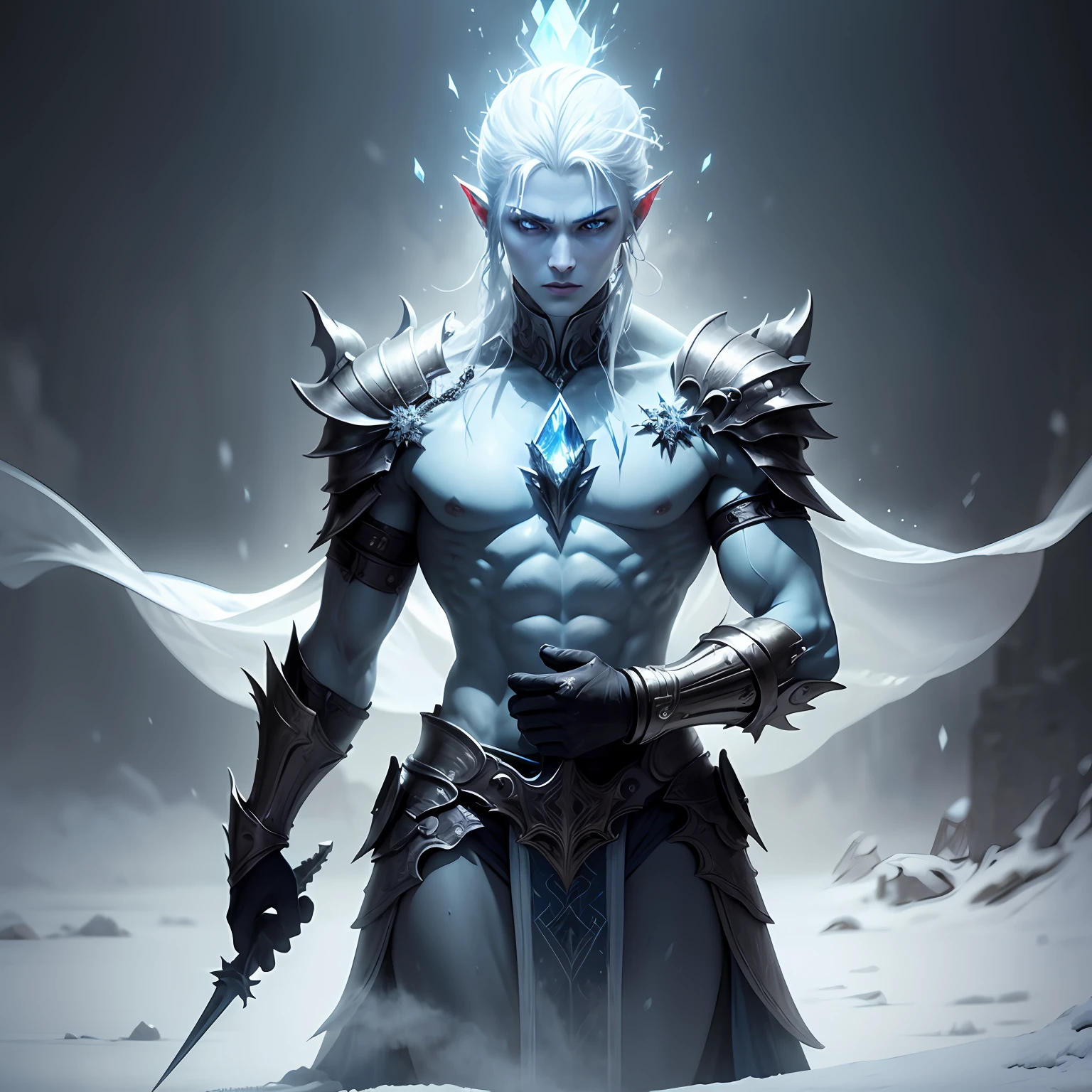 Generate a hyper-realistic image of ethereal beings standing in a frozen wasteland with a dark, eerie setting and grim background. The beings are tall and gaunt, with flesh pale as milk, cold blue eyes burning like ice or bright as blue stars, and pale blue blood. Their shiny bones are like milkglass, and they are able to raise the dead, possess superhuman strength and endurance, and control and manipulate ice and cold. Surrounding the beings are ice and snow, and their presence seems to chill the air. They are powerful and otherworldly, and their eyes burn with cold fire. The beings wear reflective armor and are holding sharp, long crystal swords, adding to their ethereal feeling. The image has a cinematic effect, with a mood that is suspenseful and mysterious. --auto