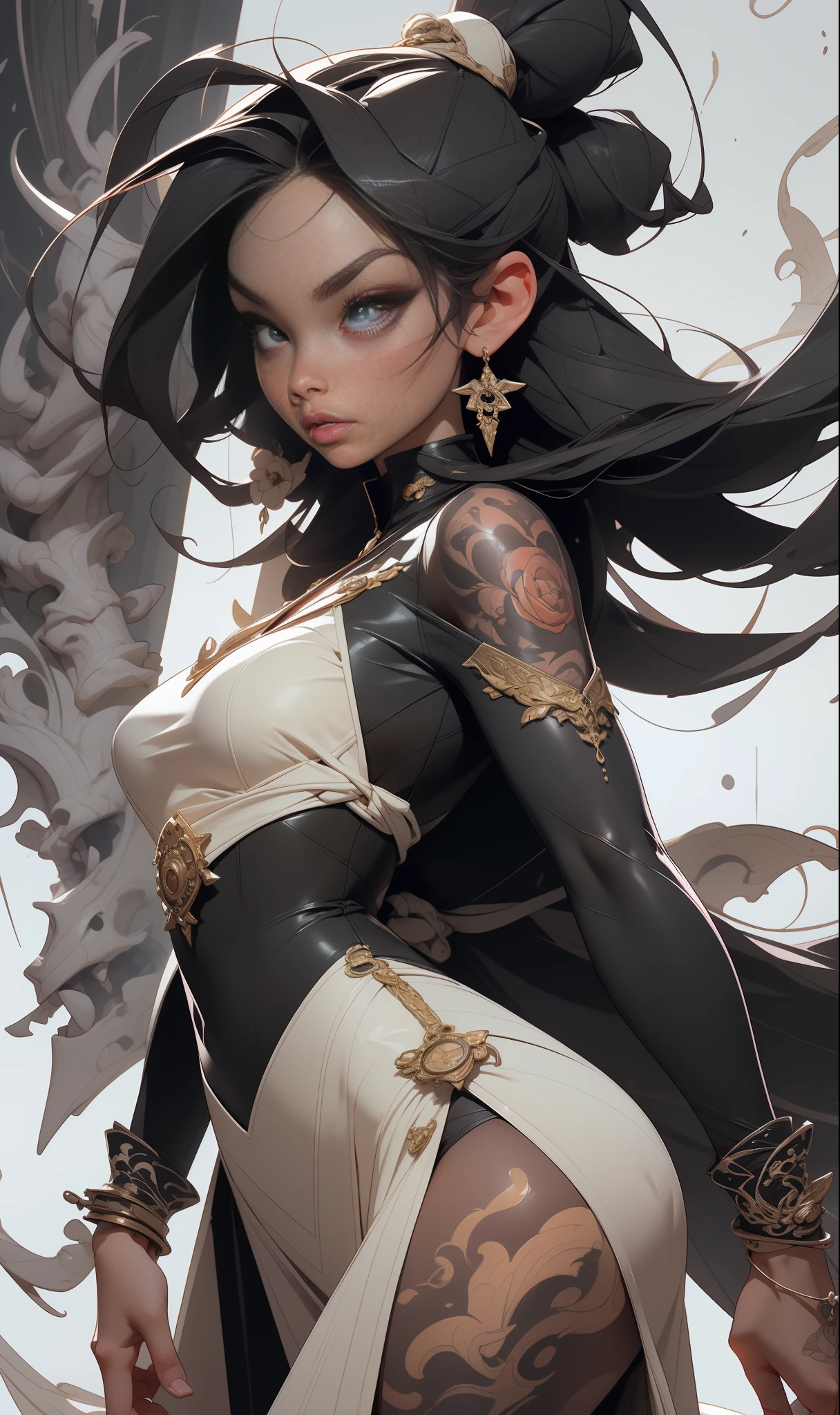 {mulher super detalhada no estilo anime},{cabelos ultra detalhados com um leve efeito de brilho},{olhos, boca, e nariz com super detalhe de fidelidade},{corpo perfeito e ultra detalhado},{Futuristic style sticky clothing with effects of various colors and prints super detailed and intricate tattoo style},{bracelets on the arms of grafiato in black colors ,cinza e branco ultra detalhados},{serious and sensual face}