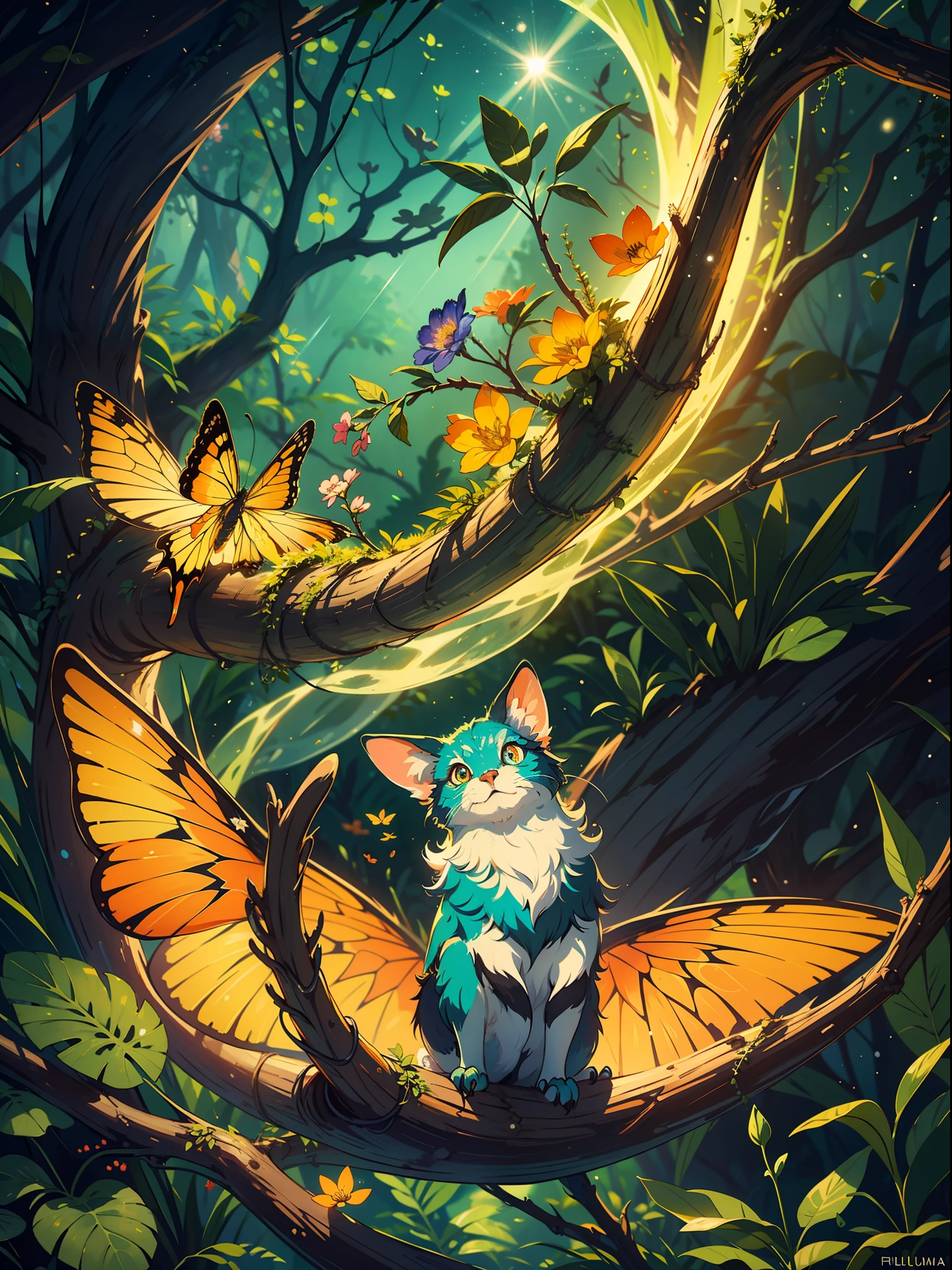 luminism, cinematic, 32k, photorealistic, stars, sparks, highly detailed close up super cute spring bird of paradise fluffy pixie gremlin creature sitting on a tree branch, surrounded spring landscape, highly detailed glittering scales, curly fur, lavish green leaves, craola, WLOP, greg rutkowski extremely big reflective eyes, leaves, multicolored bright yellow, orange , red, flowers, bright orange butterflies, forest, snow , sunlight, sunbeams, ,,, fantasy, dynamic lighting, lights, digital painting, intricated pose, highly detailed , cute, filigree, intricated,