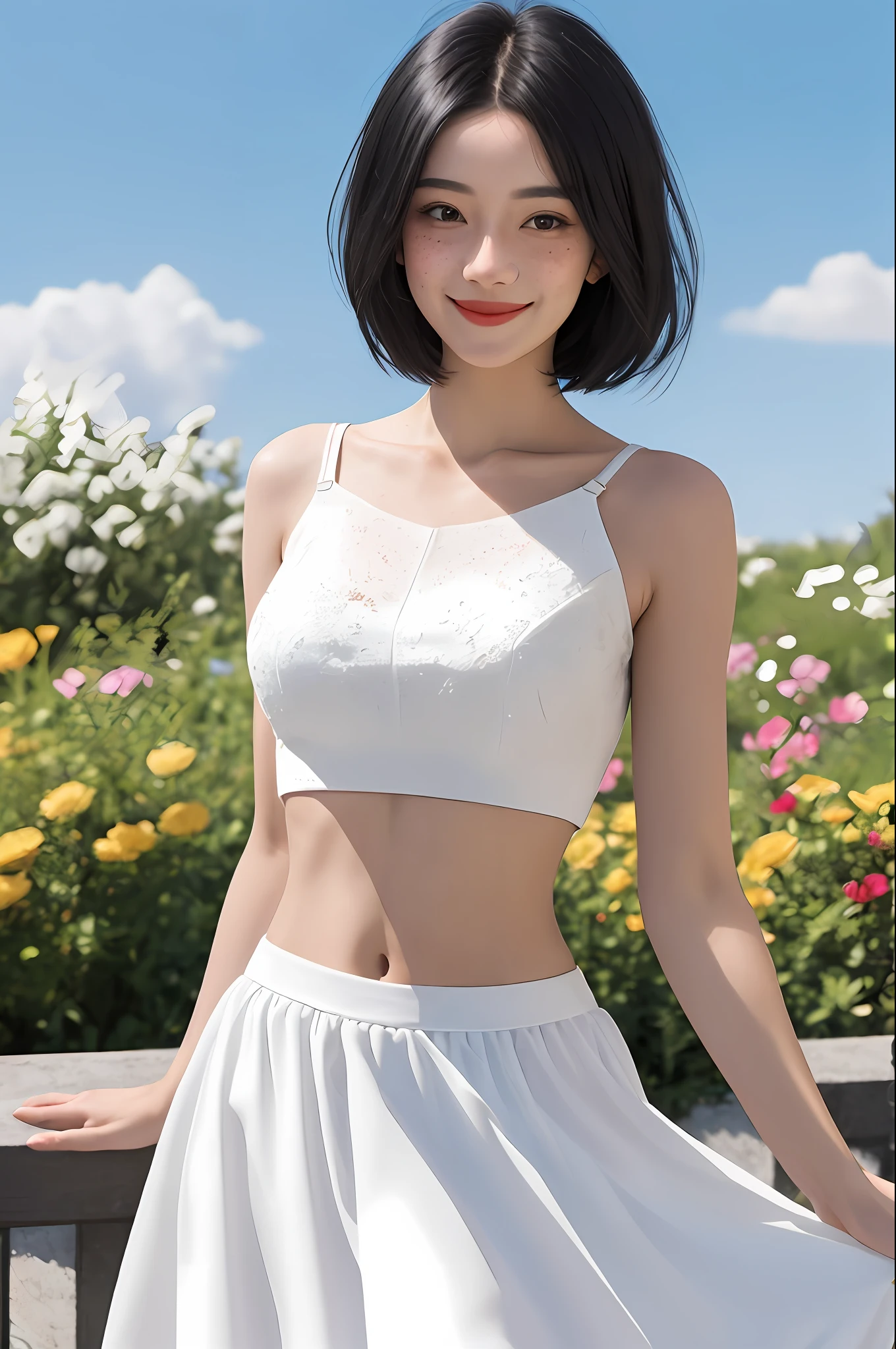 A young woman with black, tousled hair and freckles, smiling radiantly as she gazes at the viewer. She is wearing a short-haired, white dress with a midriff-exposing skirt, revealing her navel. she stands outdoors on a sunny day, surrounded by flowers and a clear blue sky, embodying the essence of beauty and elegance,